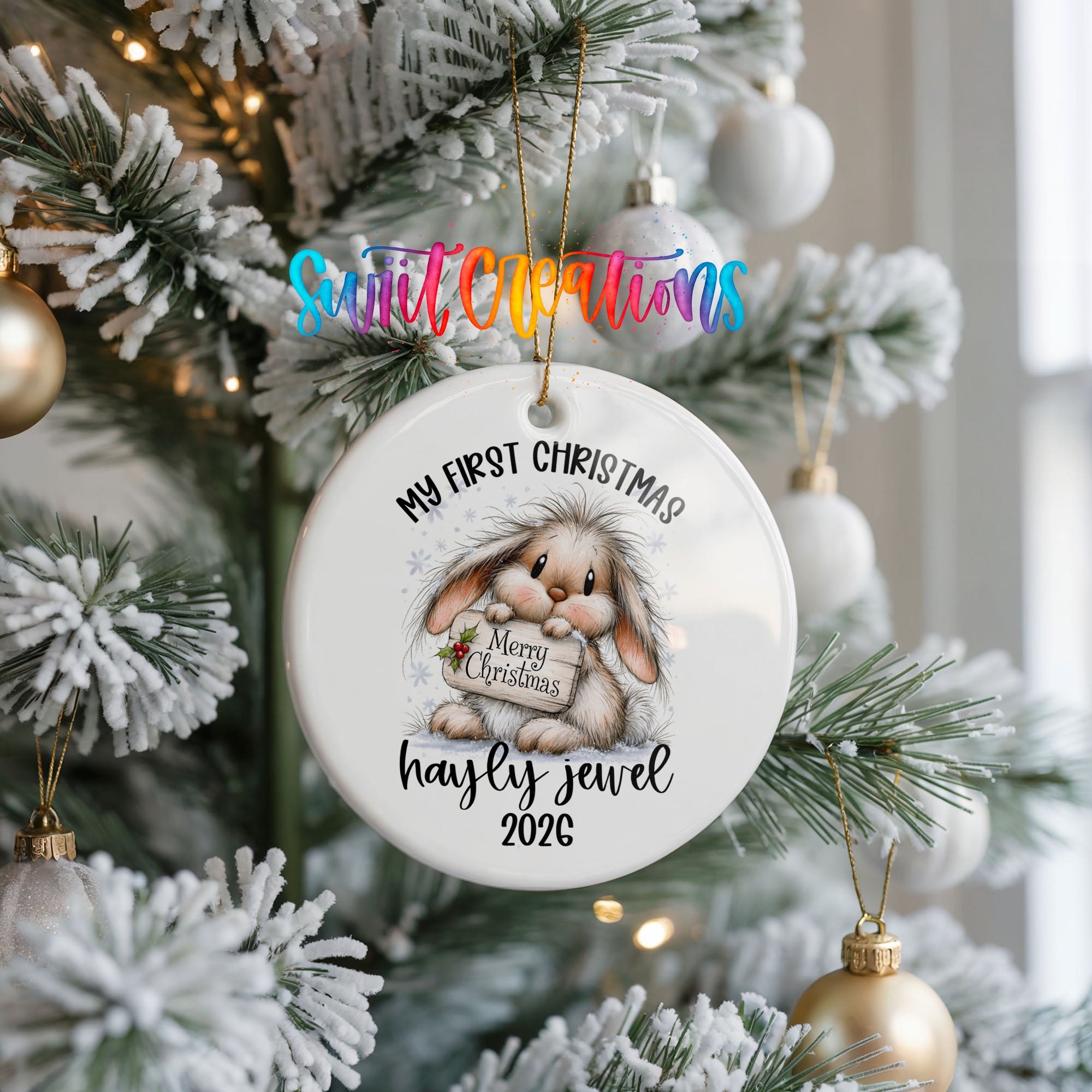 Personalized 2026 bunny first Christmas ceramic ornament | CO002