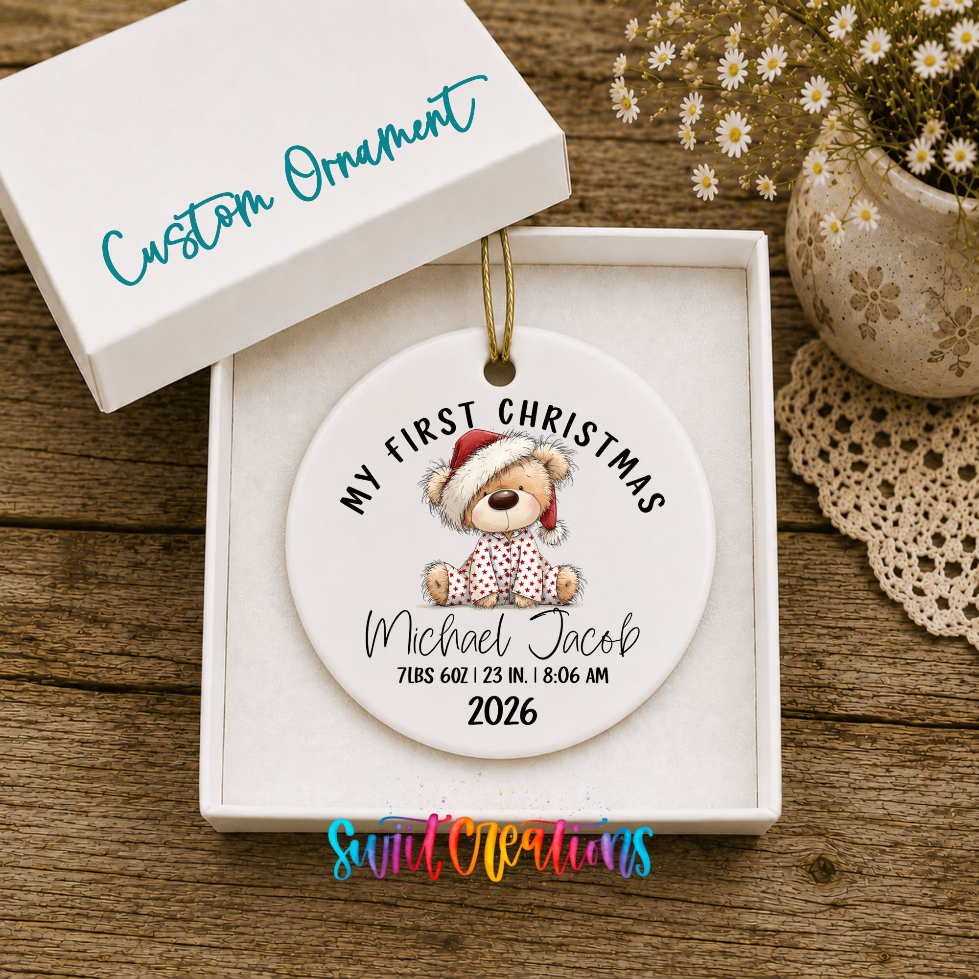 Personalized baby first Christmas teddy bear birth stats ornament in gift box | CO003