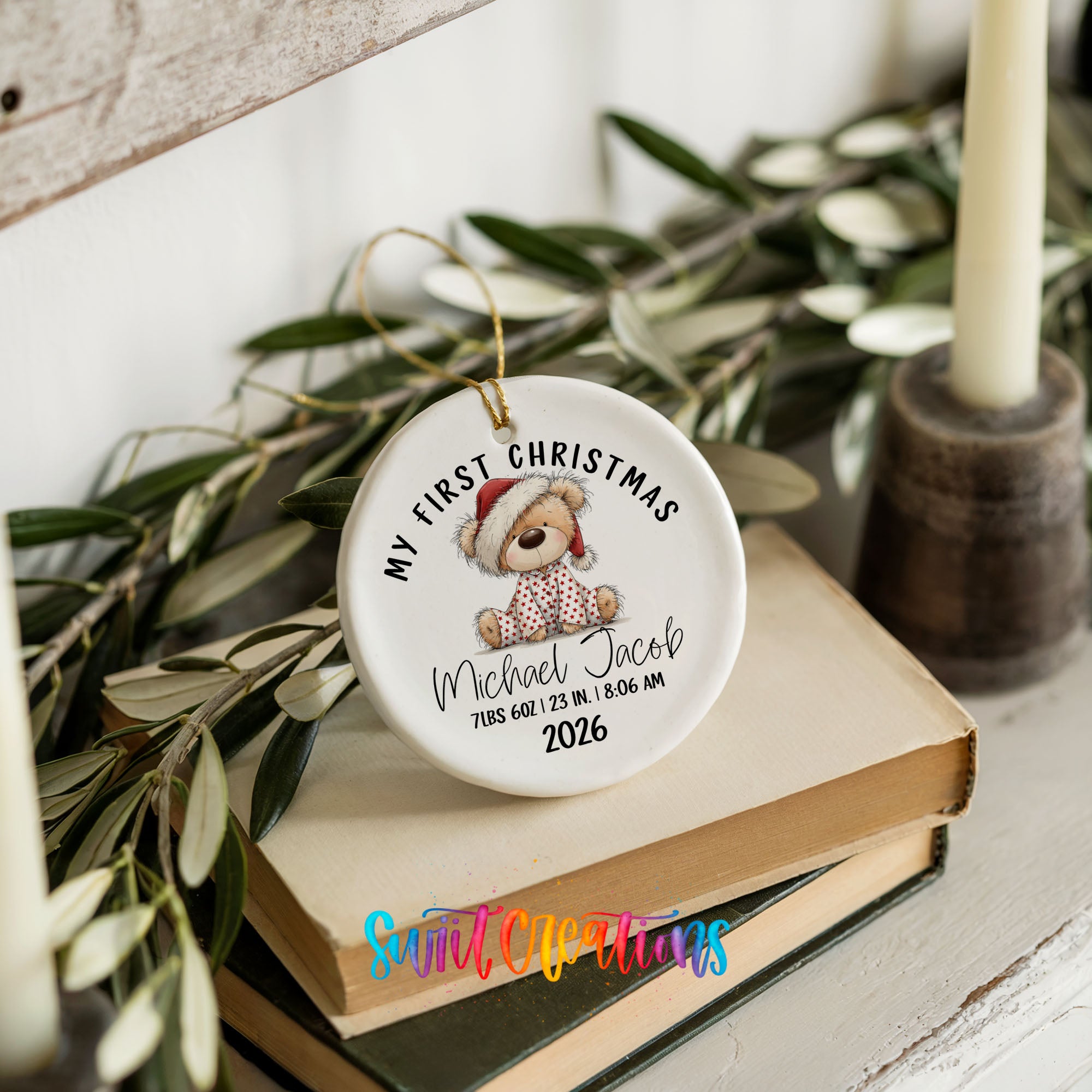 Custom 2026 teddy bear birth stats keepsake ornament | CO003