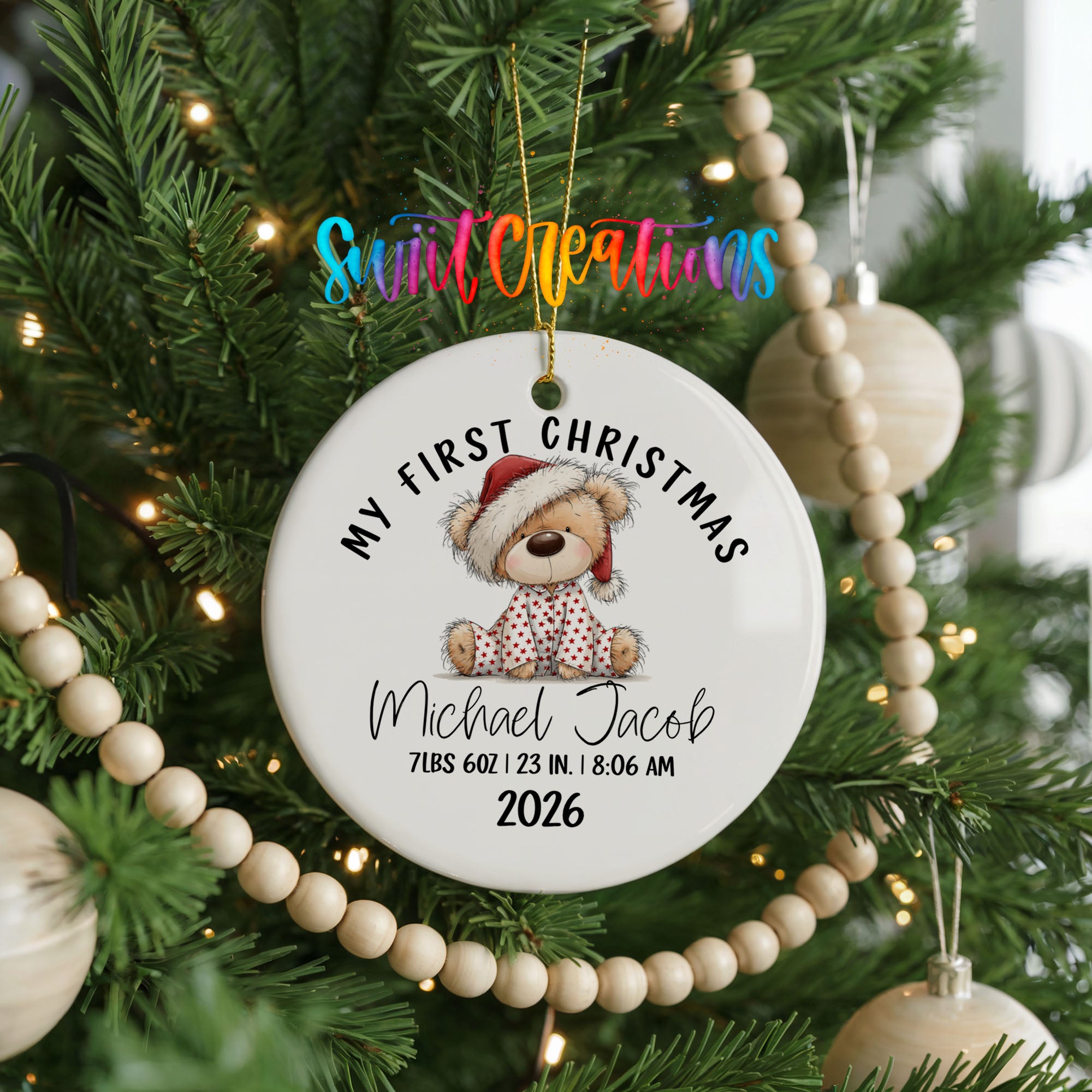 Custom name and birth stats teddy bear Christmas ornament | CO003