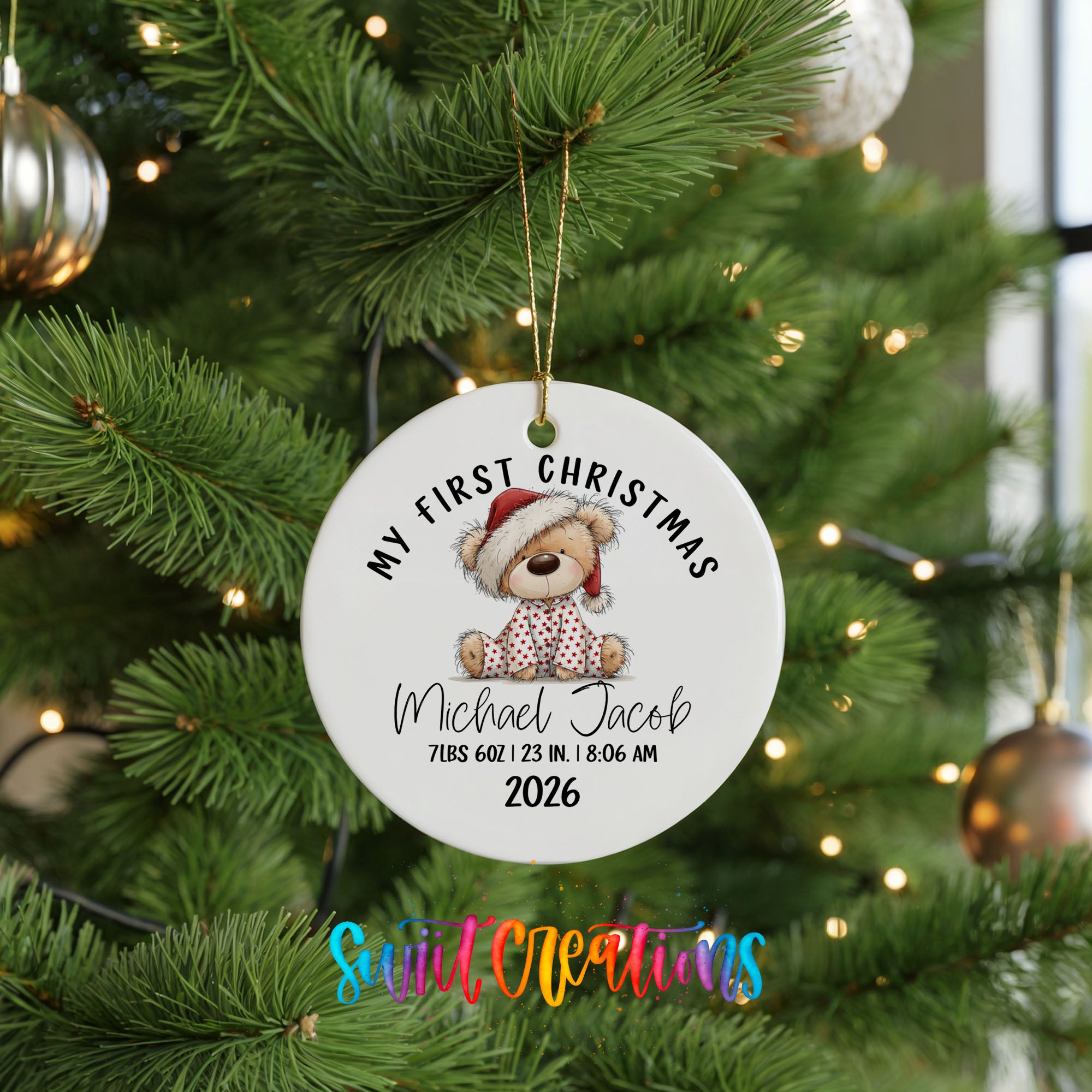 Baby first Christmas ceramic ornament with birth stats | CO003