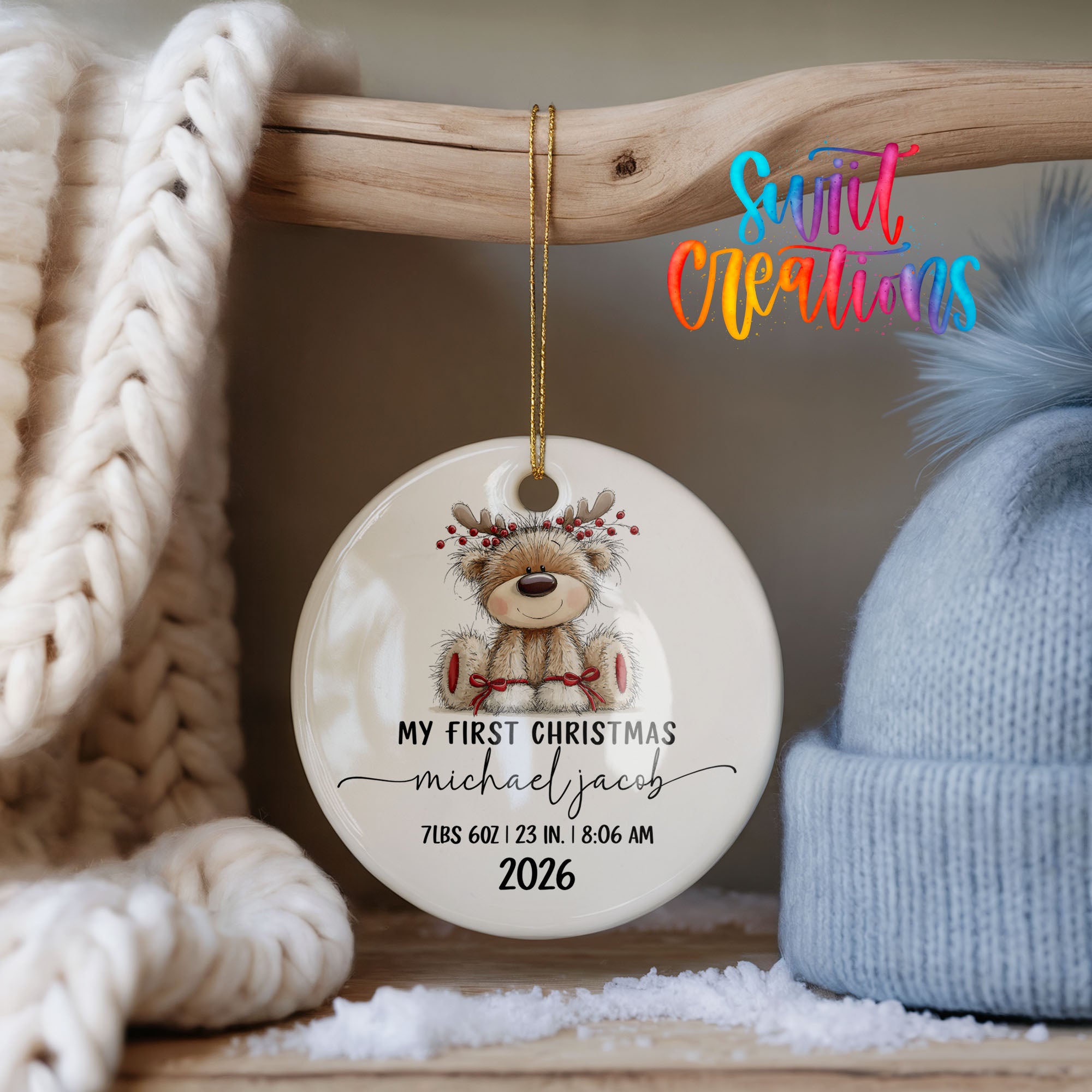 Personalized reindeer birth stats ceramic ornament personalized front design | CO004