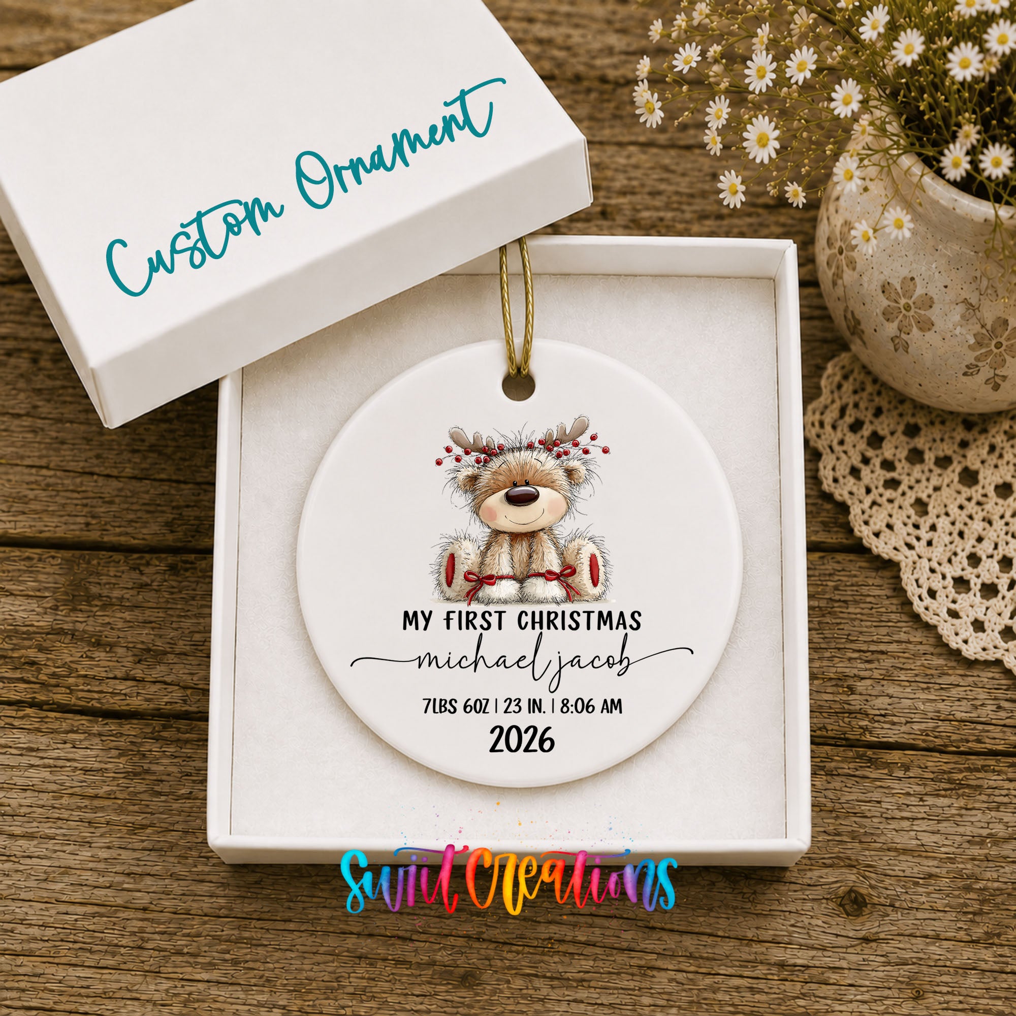 Personalized reindeer birth stats ceramic ornament gift box presentation | CO004