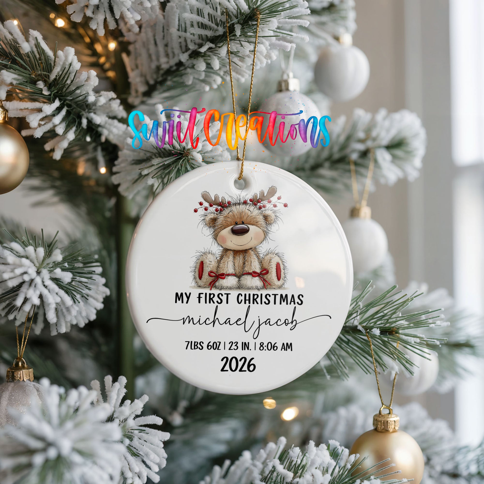 Personalized reindeer birth stats ceramic ornament ceramic ornament view | CO004