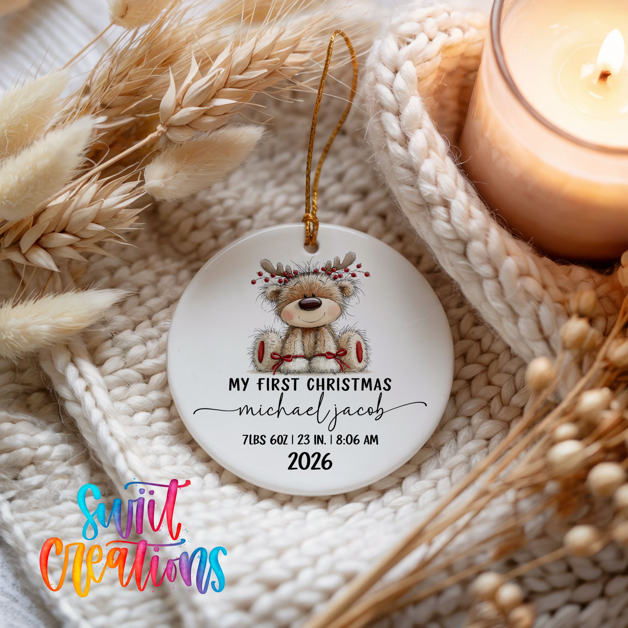Personalized reindeer birth stats ceramic ornament holiday keepsake display | CO004