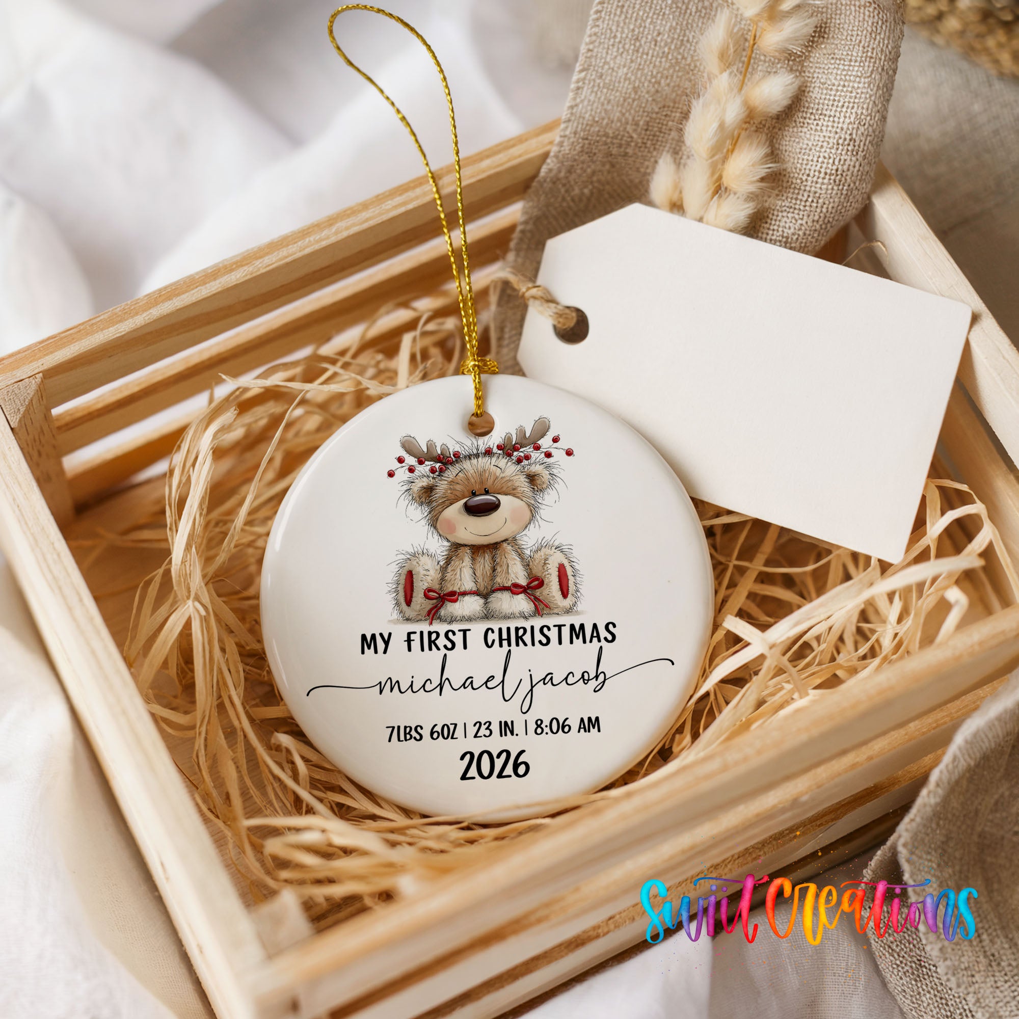 Personalized reindeer birth stats ceramic ornament customization example | CO004