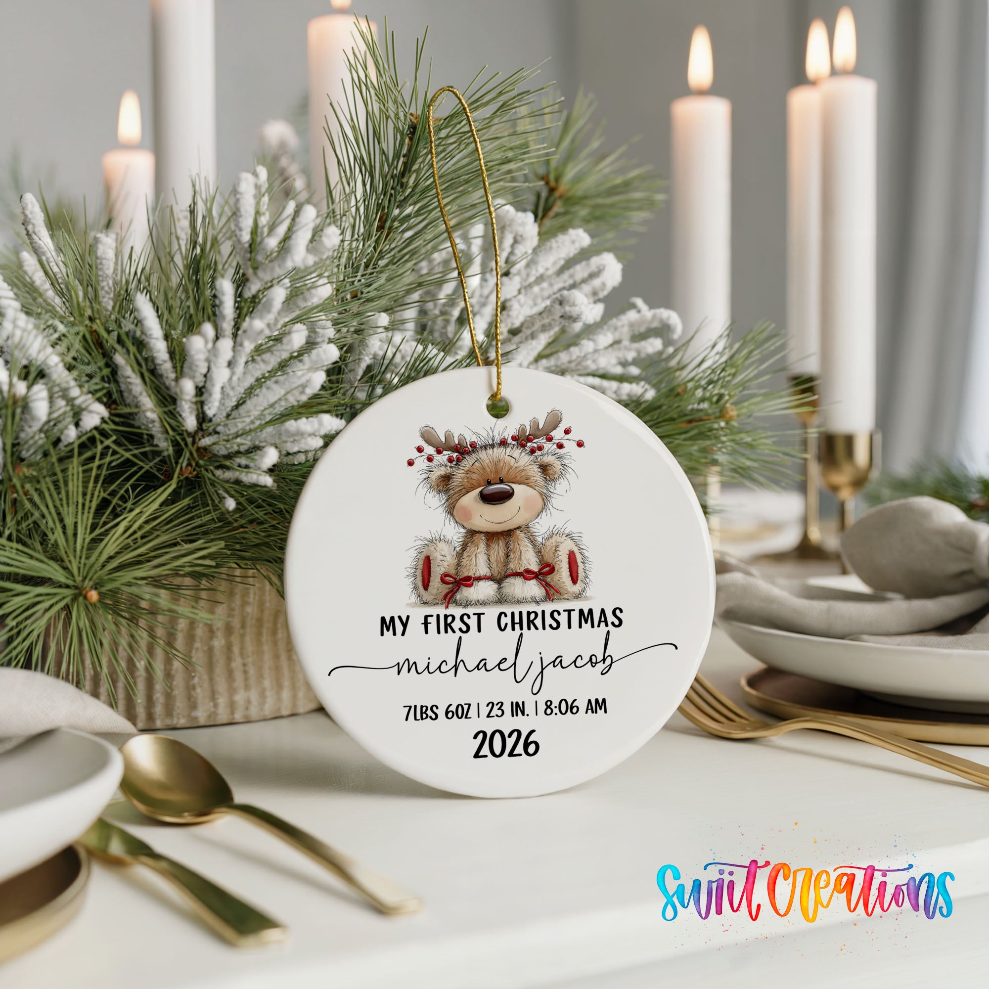 Personalized reindeer birth stats ceramic ornament gift presentation | CO004