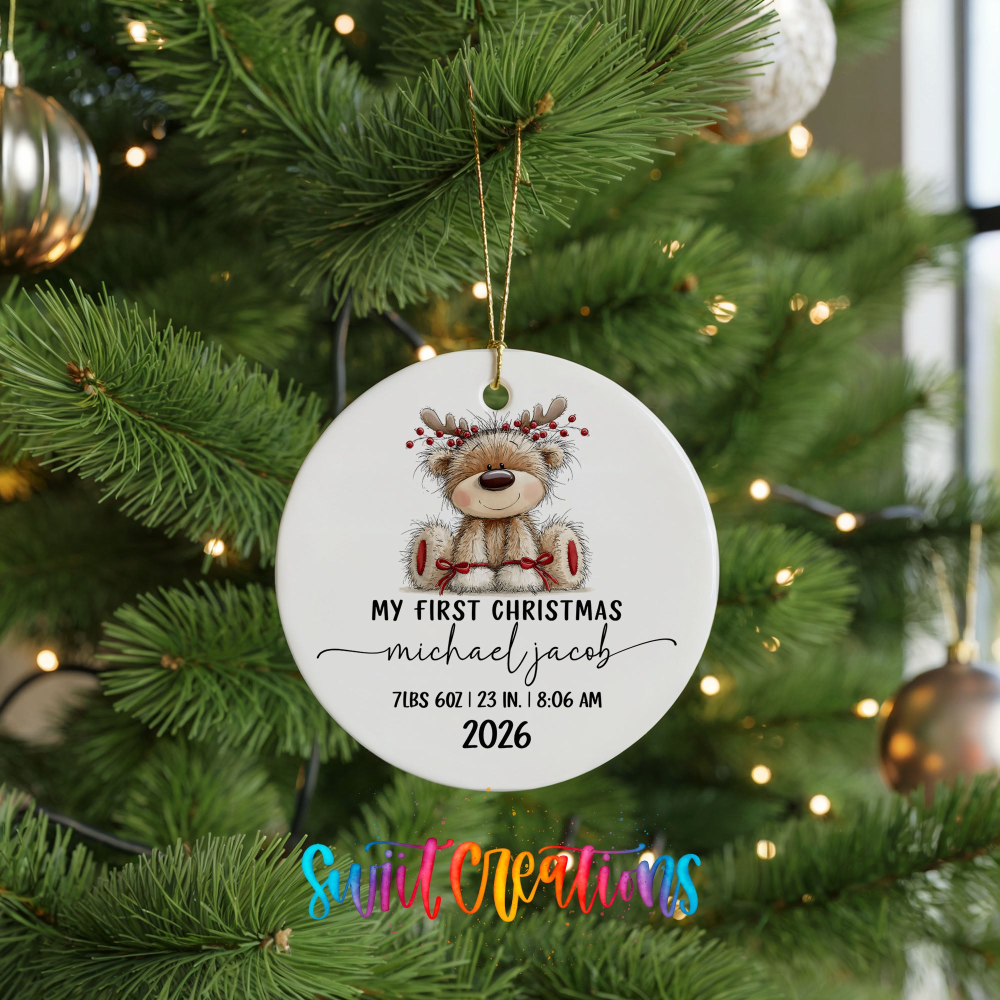 Personalized reindeer birth stats ceramic ornament hanging display | CO004