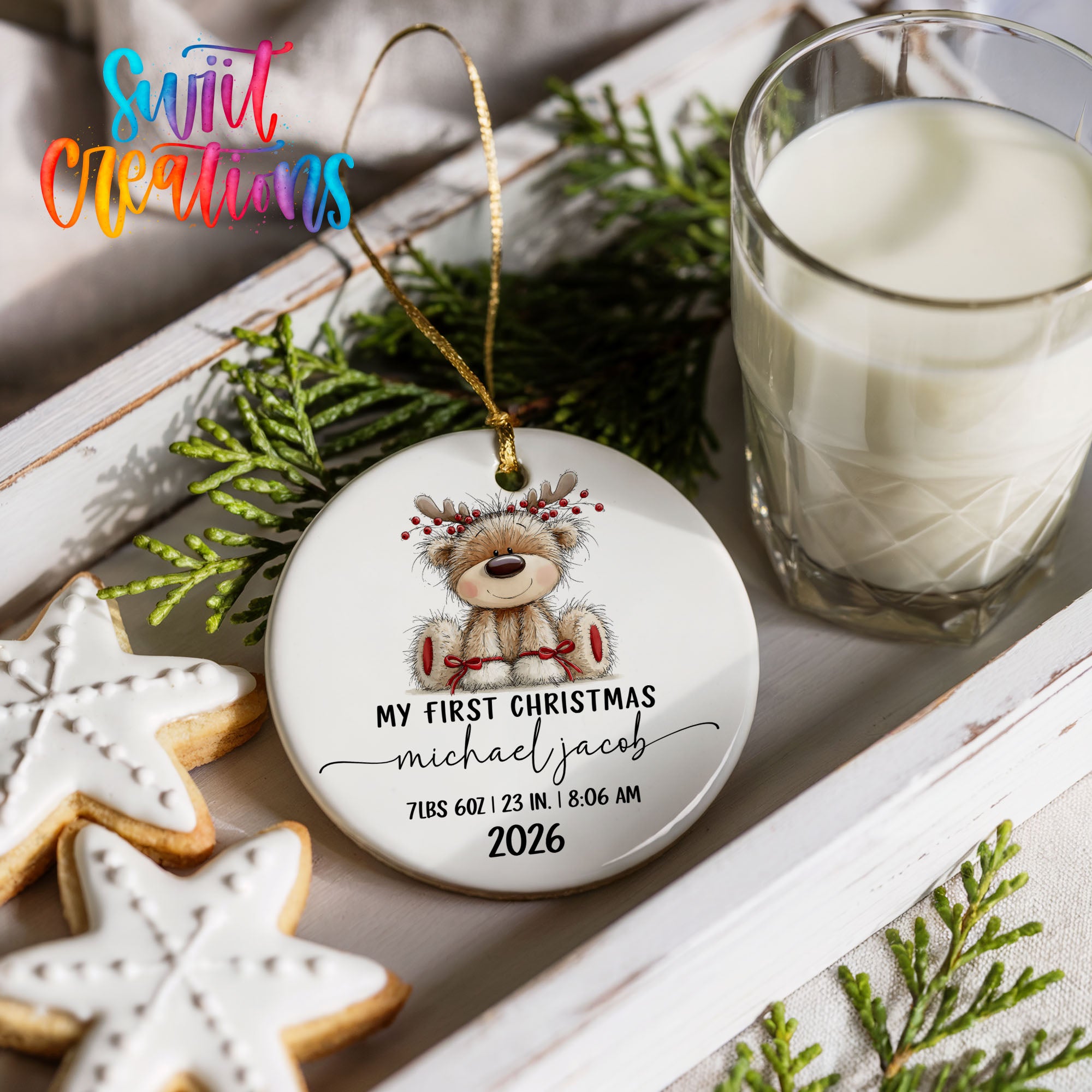 Personalized reindeer birth stats ceramic ornament design detail | CO004