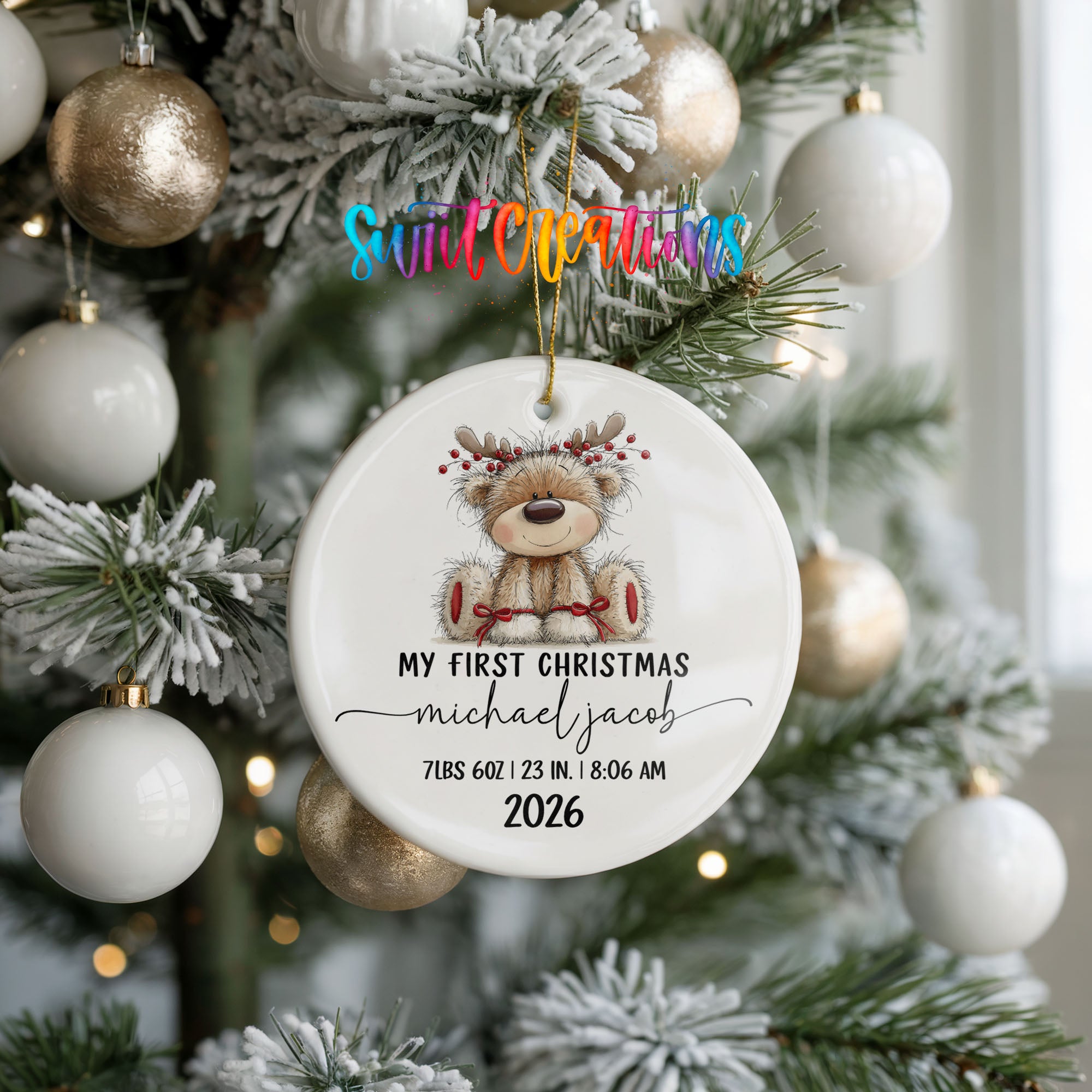 Personalized reindeer birth stats ceramic ornament keepsake view | CO004