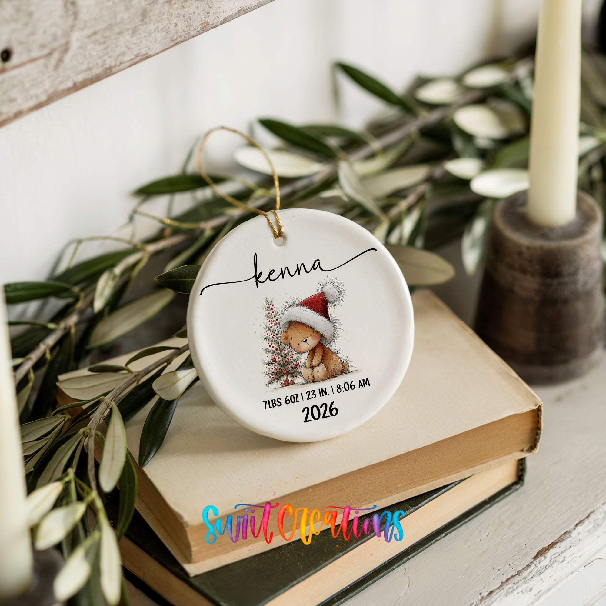 Personalized Christmas bunny birth stats ceramic ornament finished ornament detail | CO005