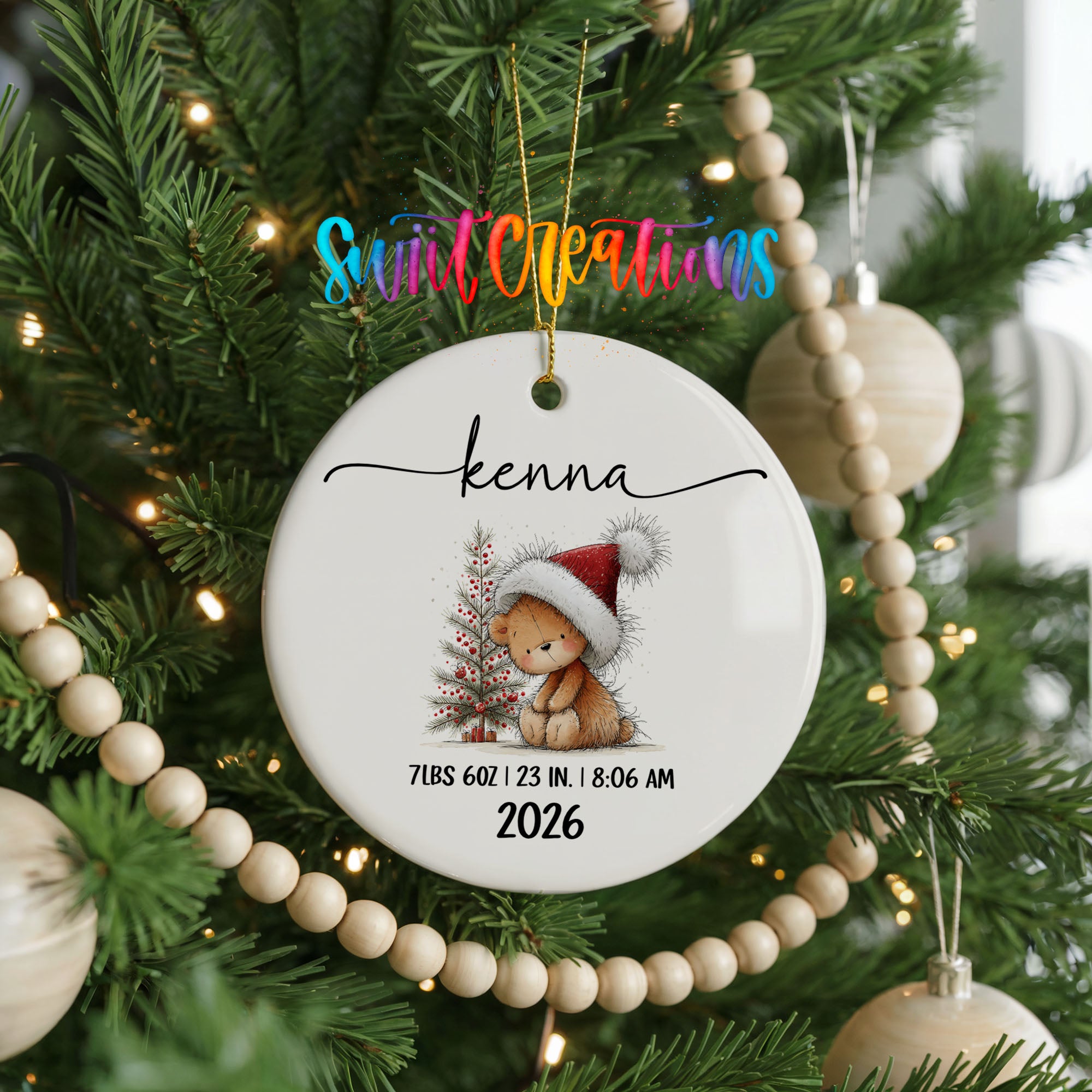 Personalized Christmas bunny birth stats ceramic ornament close detail | CO005