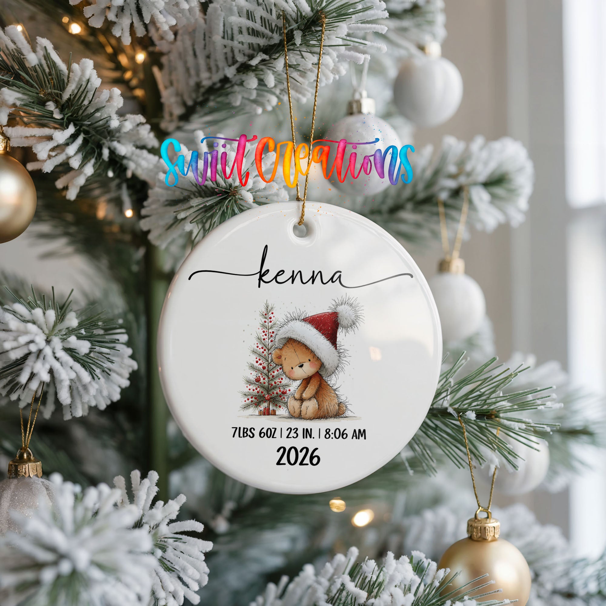 Personalized Christmas bunny birth stats ceramic ornament ceramic ornament view | CO005