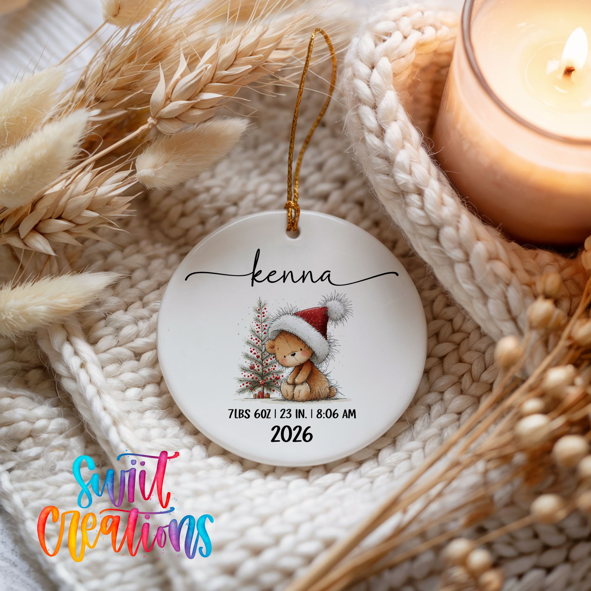 Personalized Christmas bunny birth stats ceramic ornament holiday keepsake display | CO005