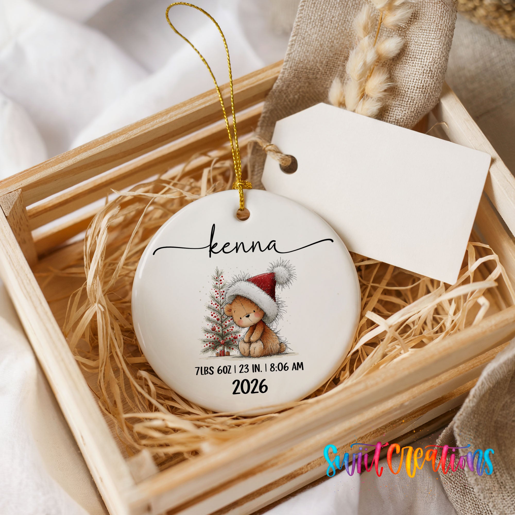 Personalized Christmas bunny birth stats ceramic ornament customization example | CO005