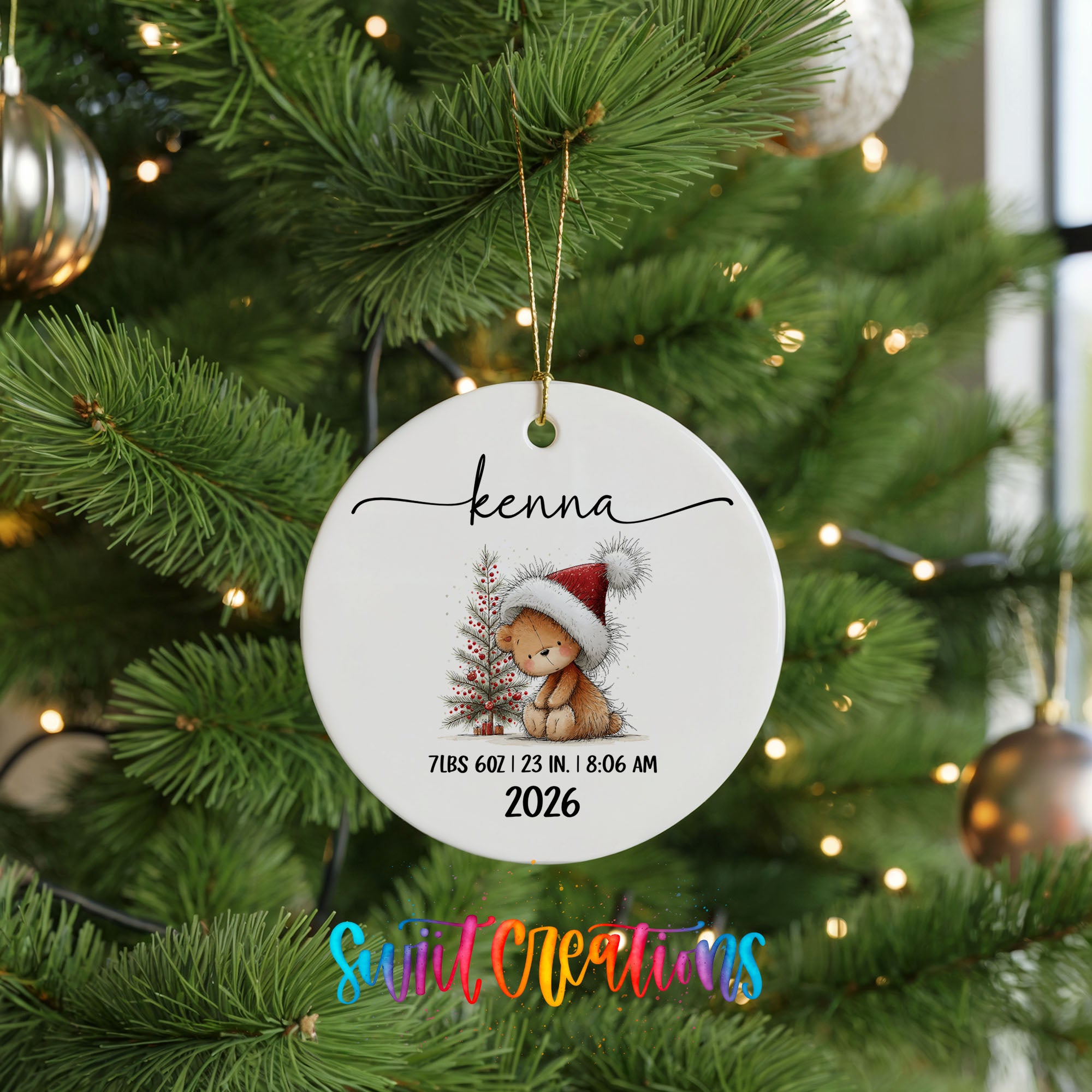 Personalized Christmas bunny birth stats ceramic ornament hanging display | CO005