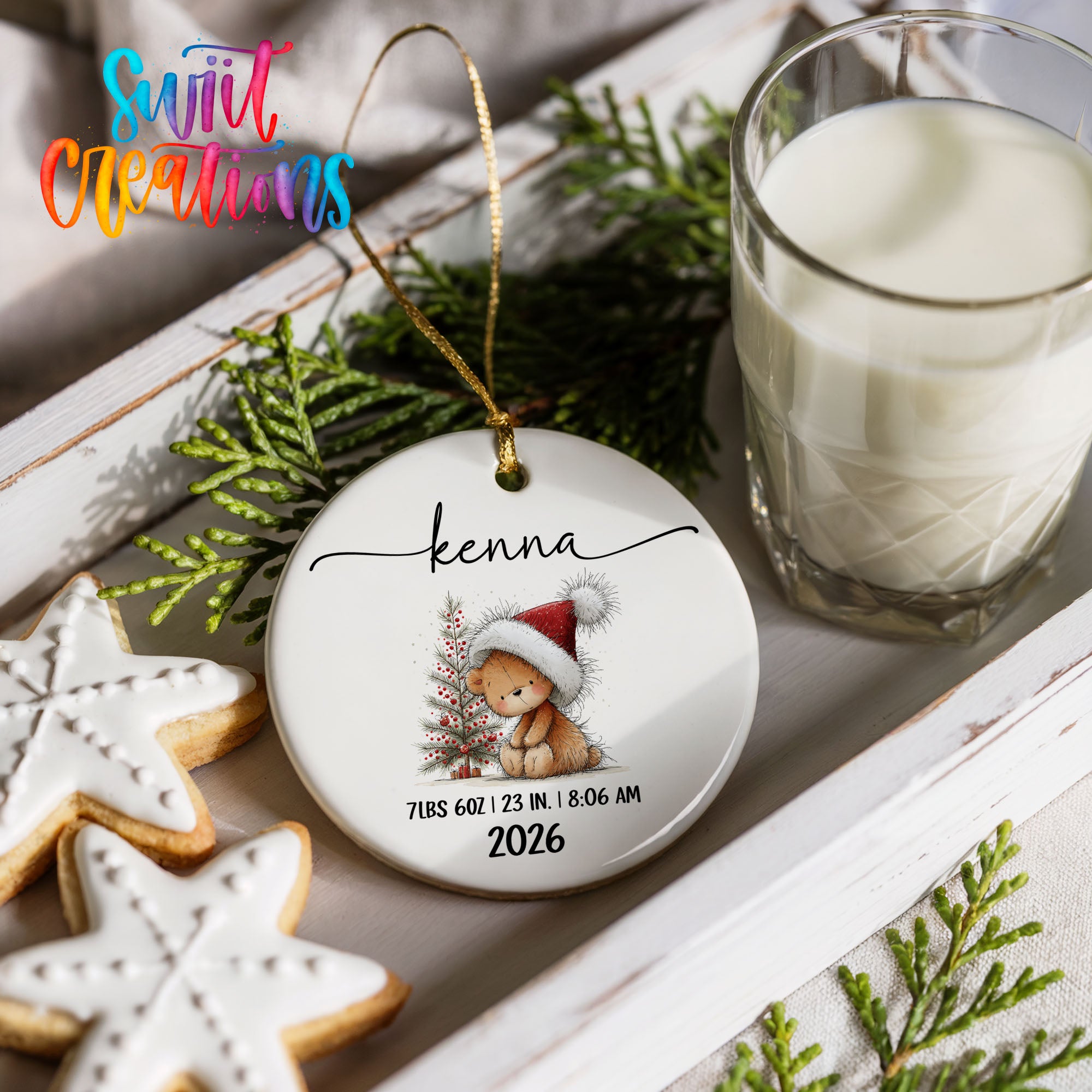 Personalized Christmas bunny birth stats ceramic ornament design detail | CO005