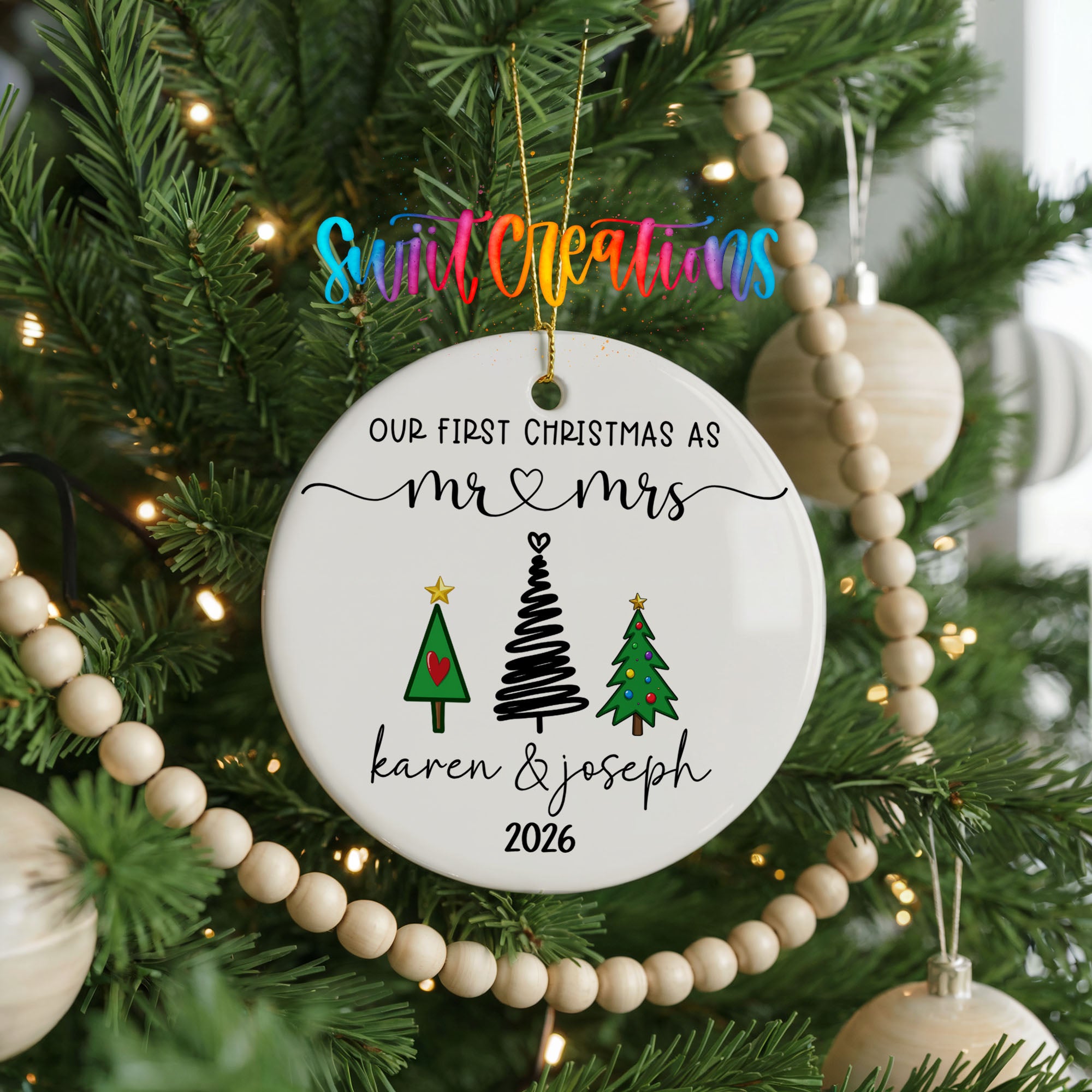 Personalized modern tree couple ceramic ornament close detail | CO006