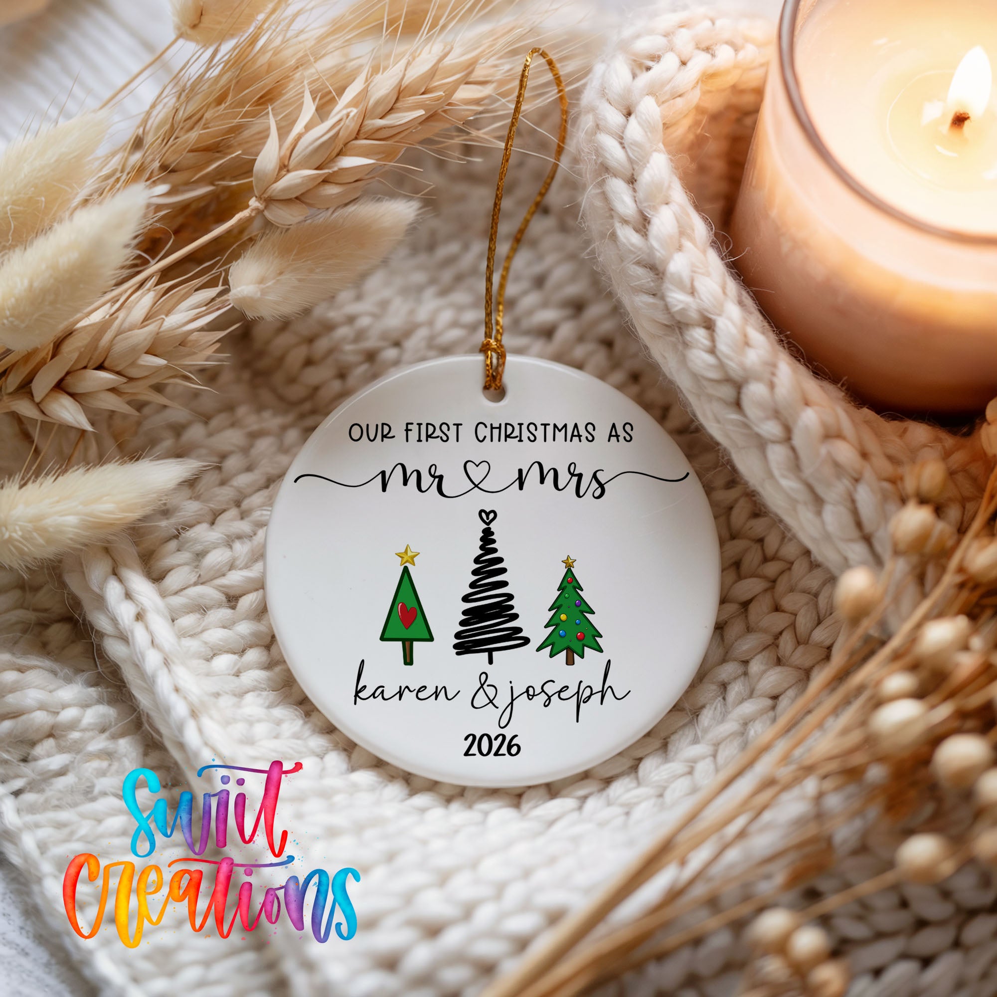 Personalized modern tree couple ceramic ornament holiday keepsake display | CO006