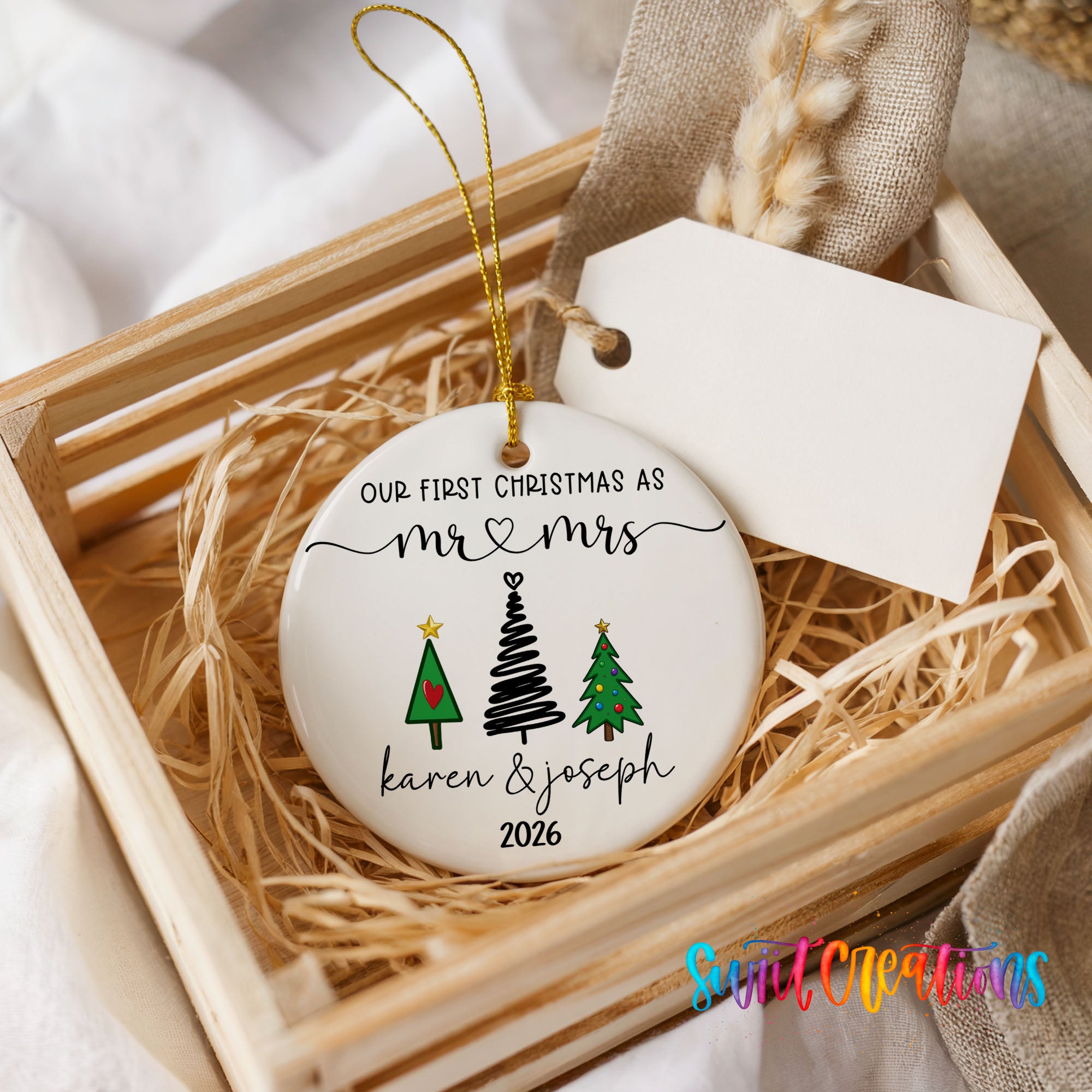 Personalized modern tree couple ceramic ornament customization example | CO006