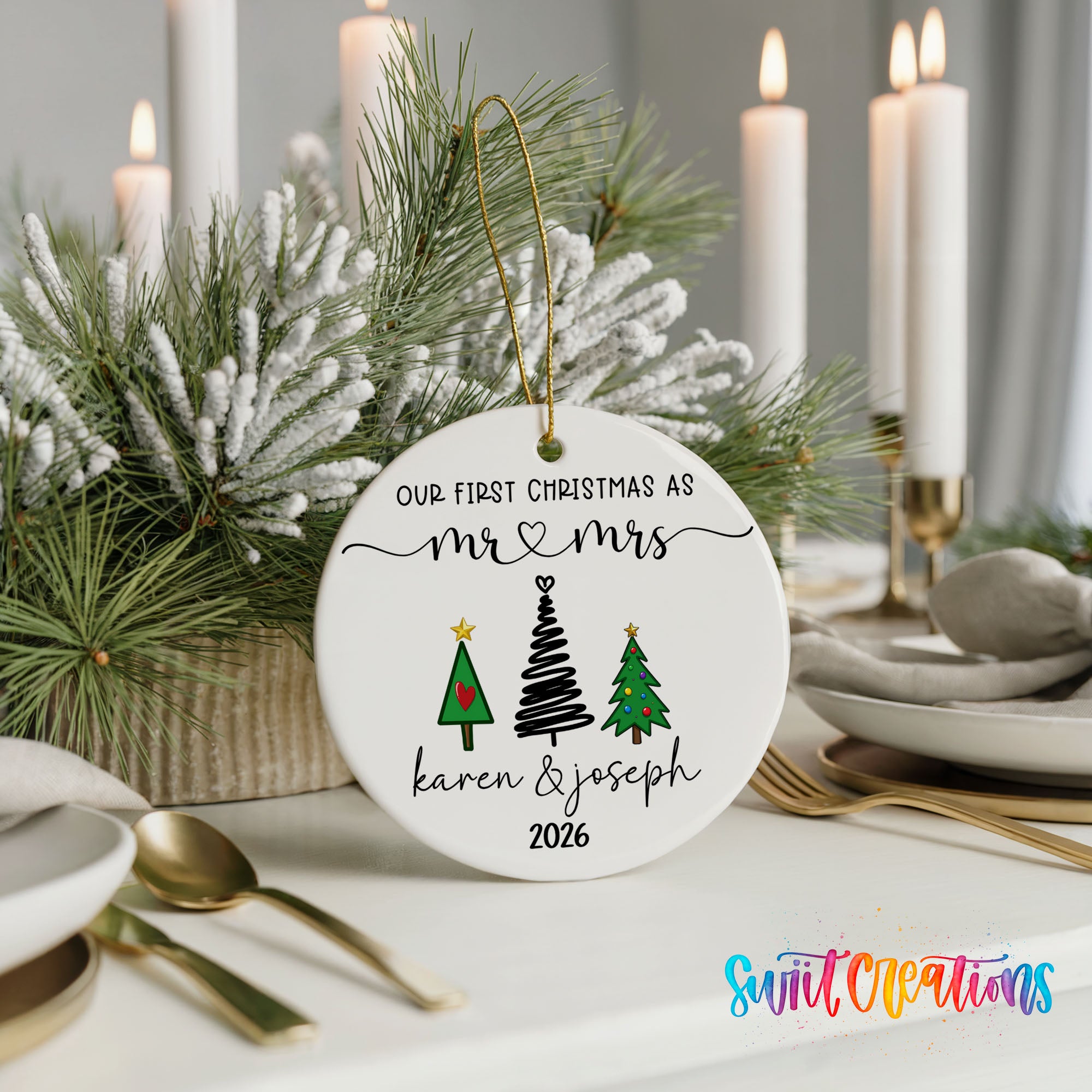 Personalized modern tree couple ceramic ornament gift presentation | CO006