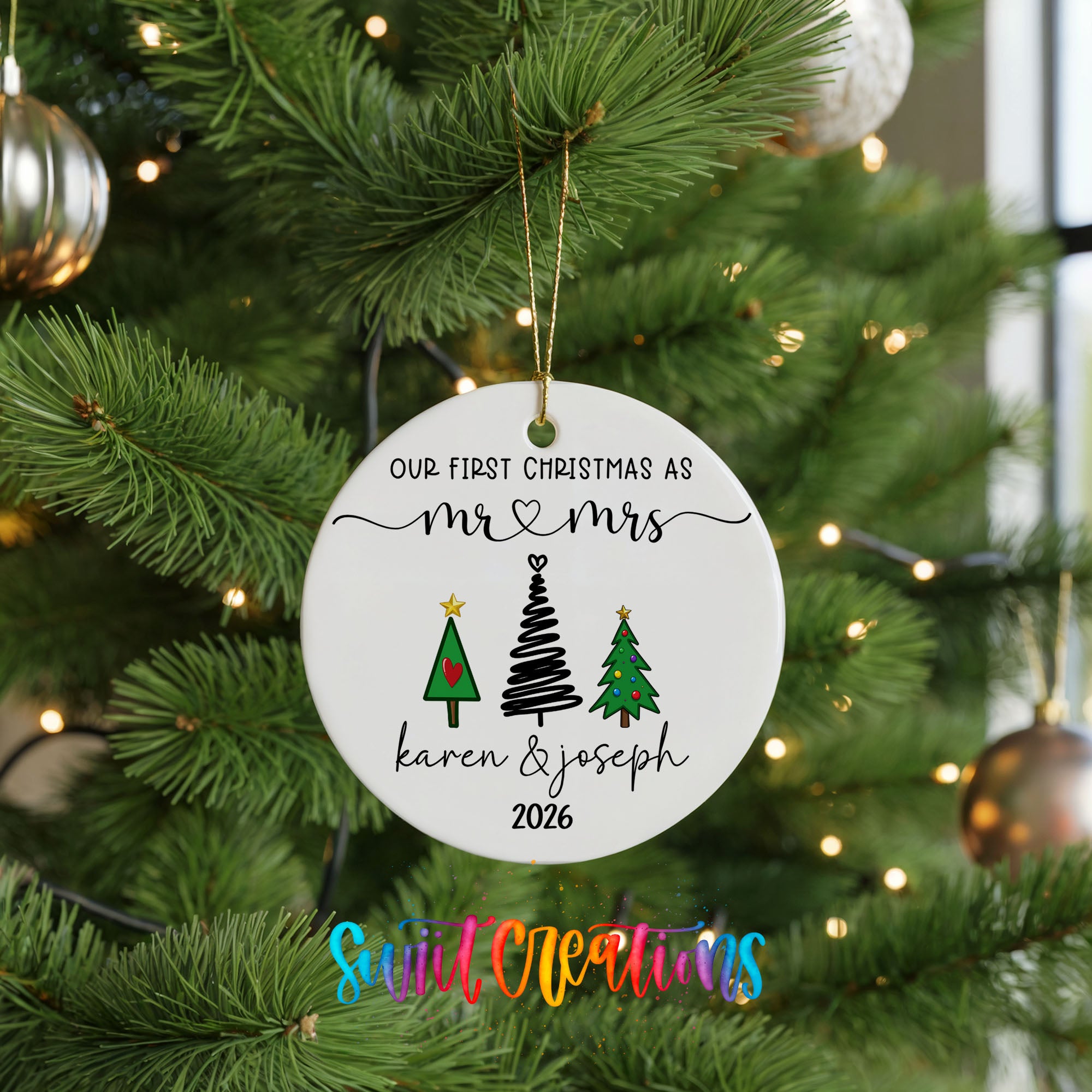Personalized modern tree couple ceramic ornament hanging display | CO006