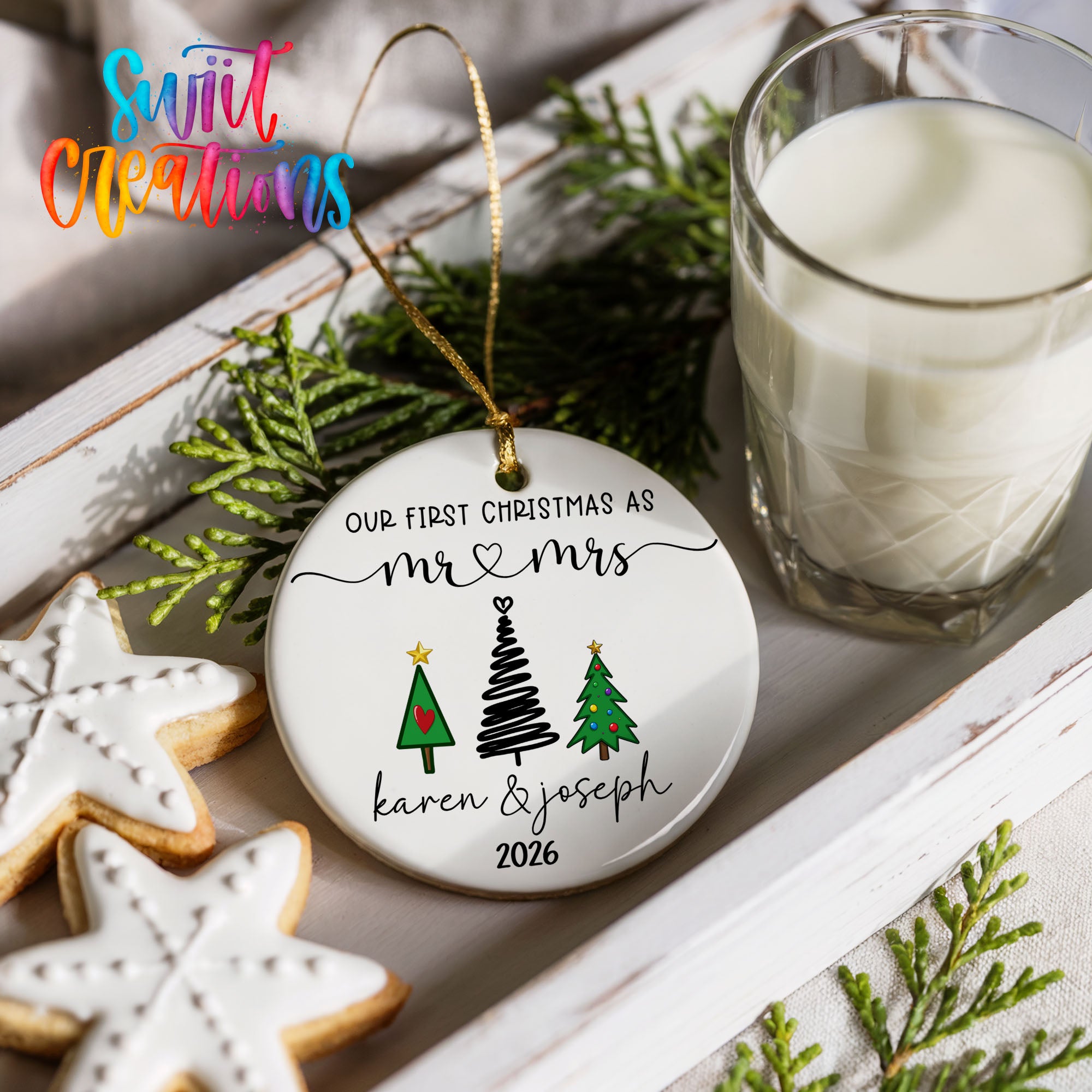 Personalized modern tree couple ceramic ornament design detail | CO006