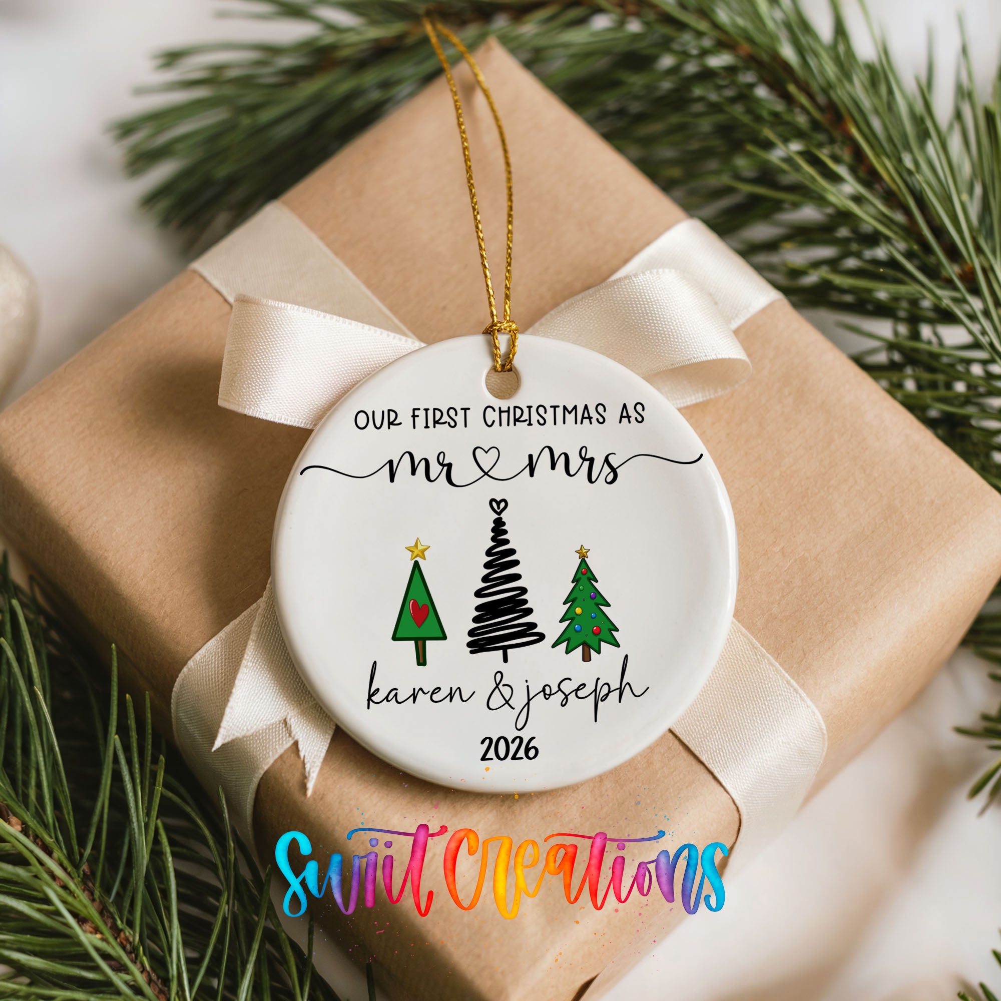 Personalized modern tree couple ceramic ornament Christmas decor setting | CO006