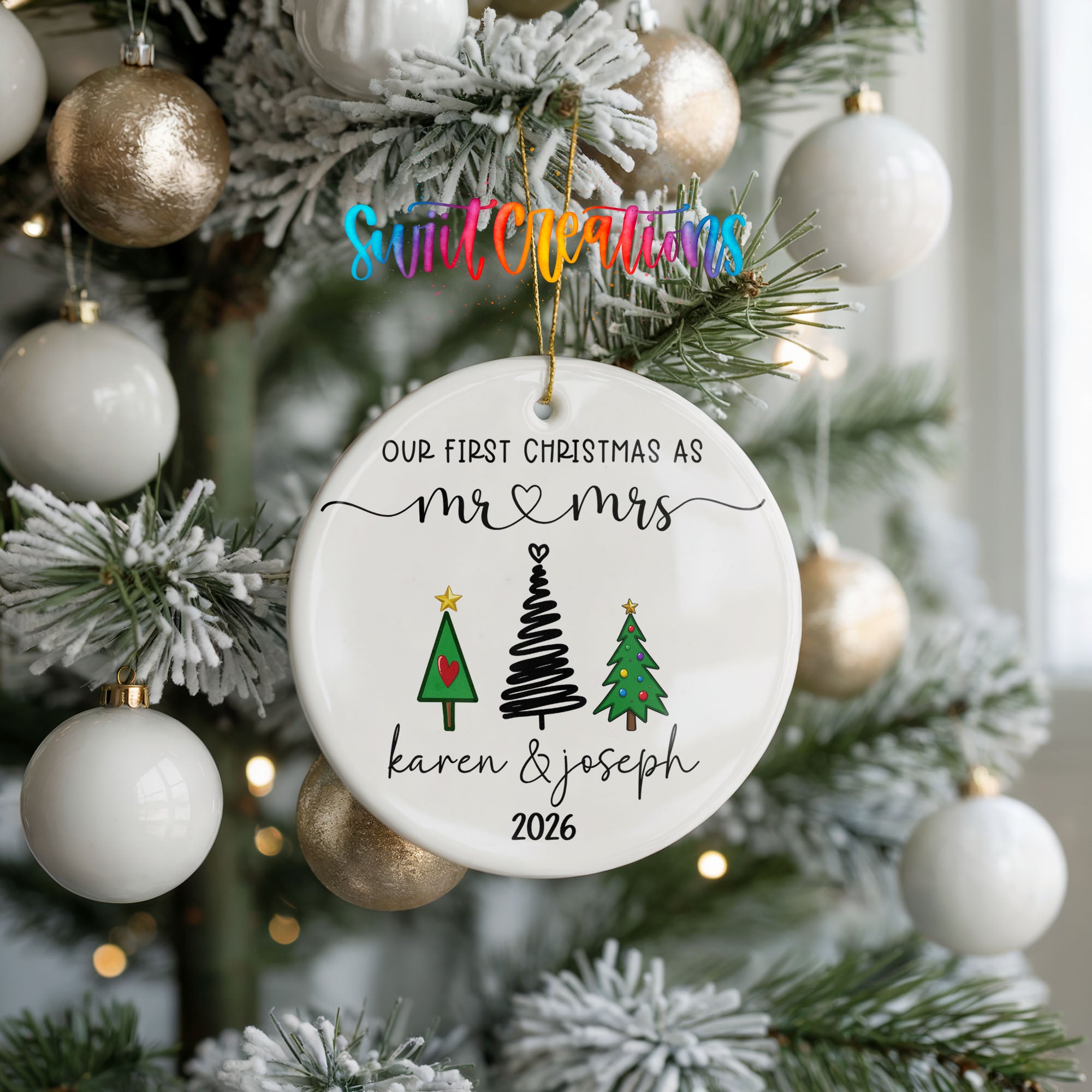 Personalized modern tree couple ceramic ornament keepsake view | CO006