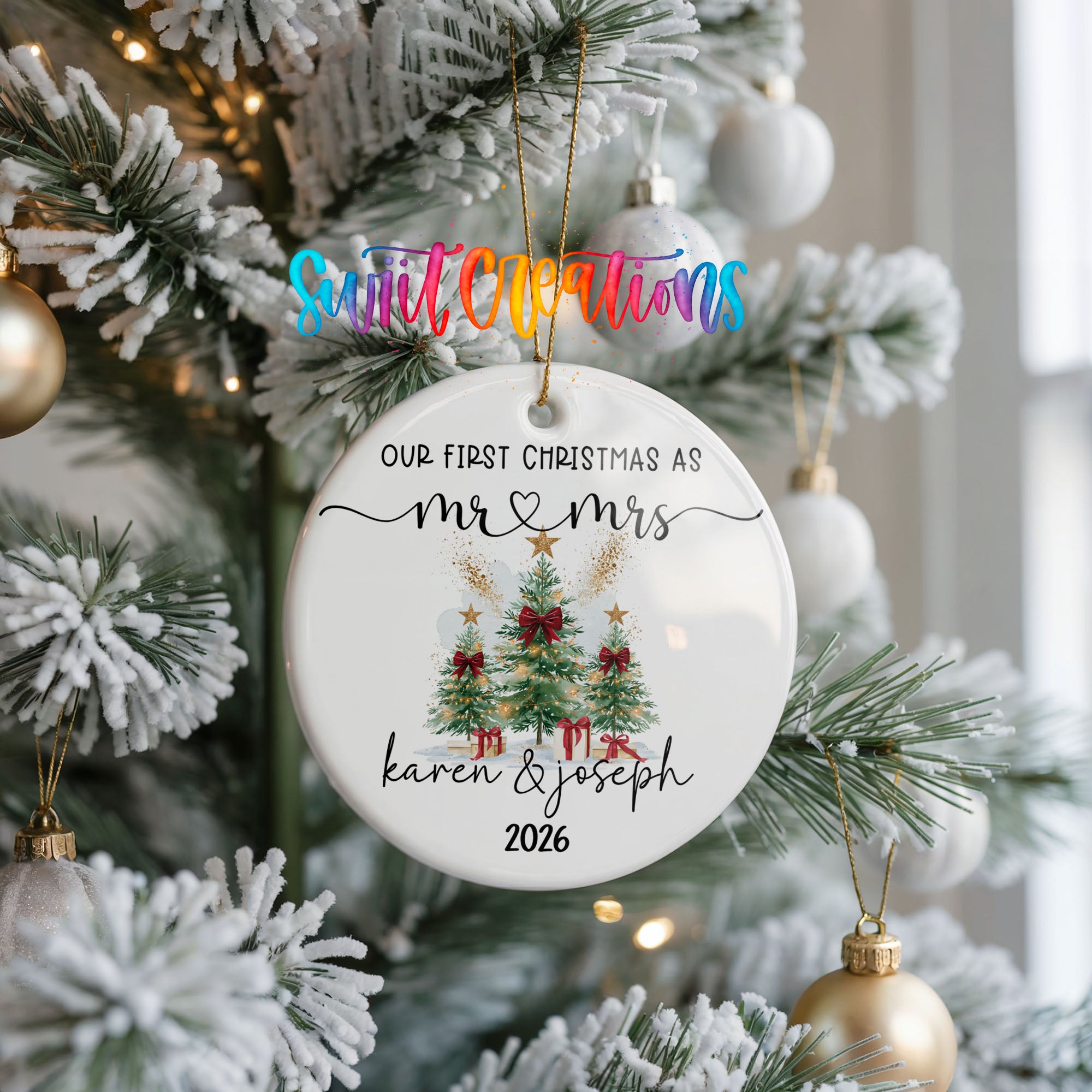 Personalized watercolor tree couple ceramic ornament ceramic ornament view | CO007