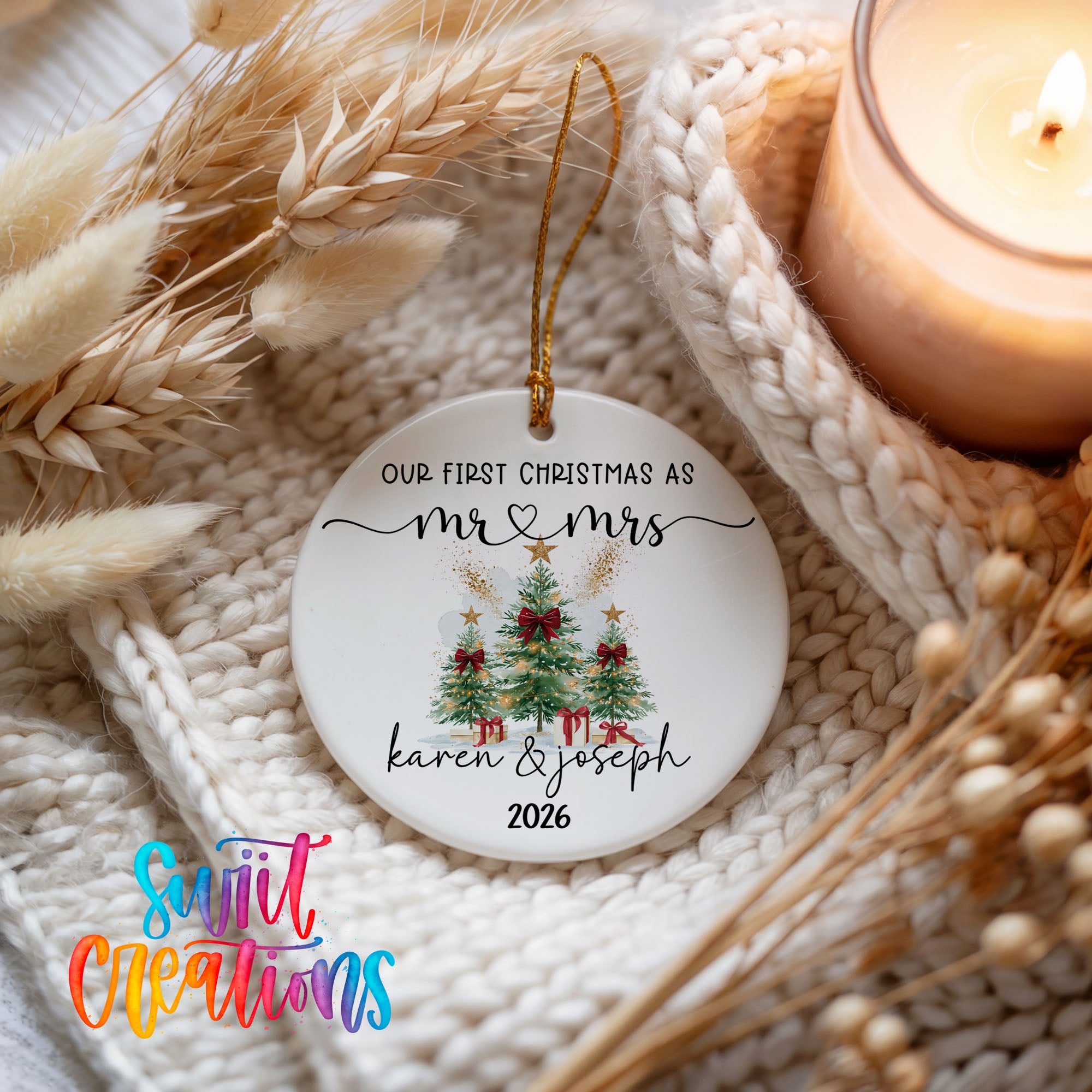 Personalized watercolor tree couple ceramic ornament holiday keepsake display | CO007