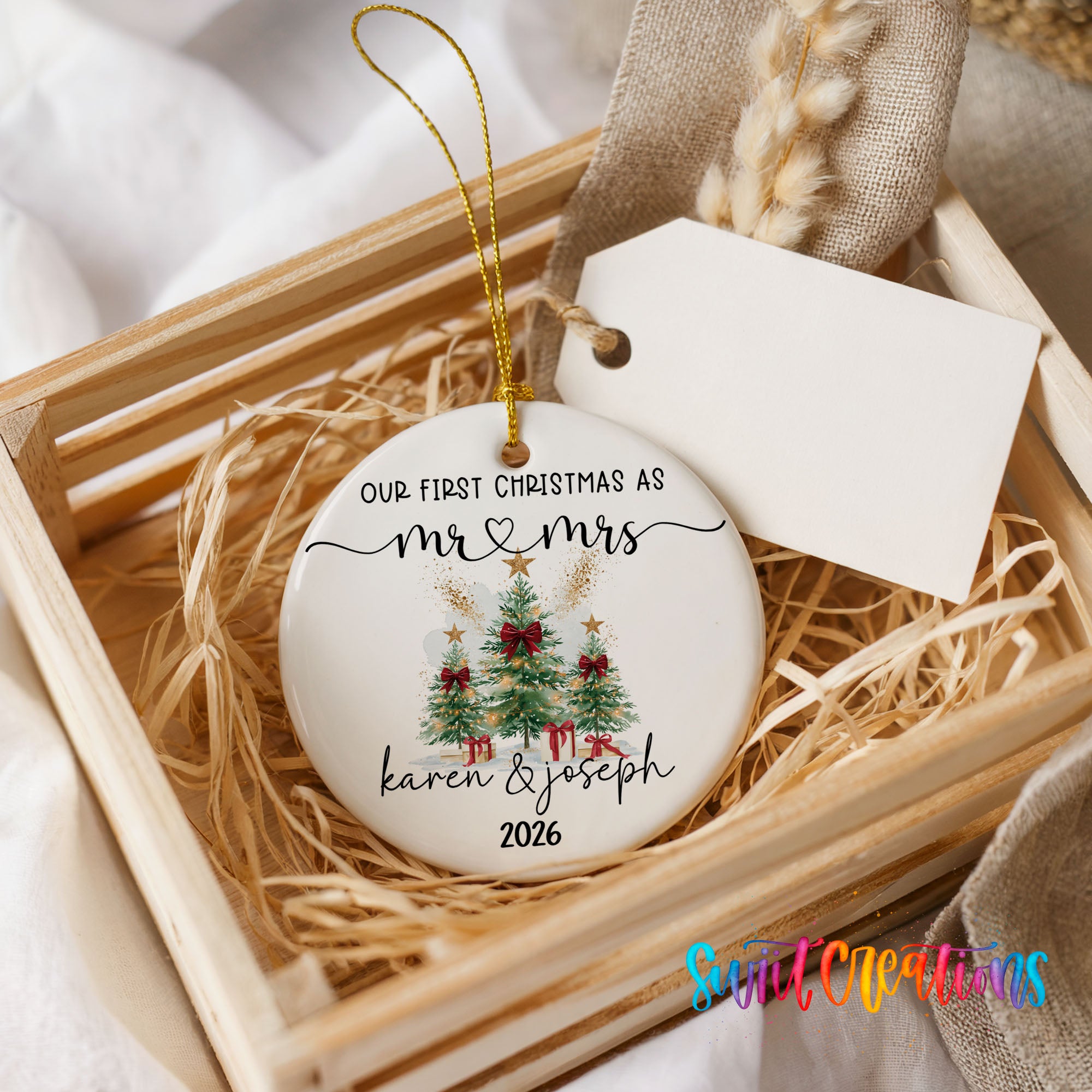 Personalized watercolor tree couple ceramic ornament customization example | CO007