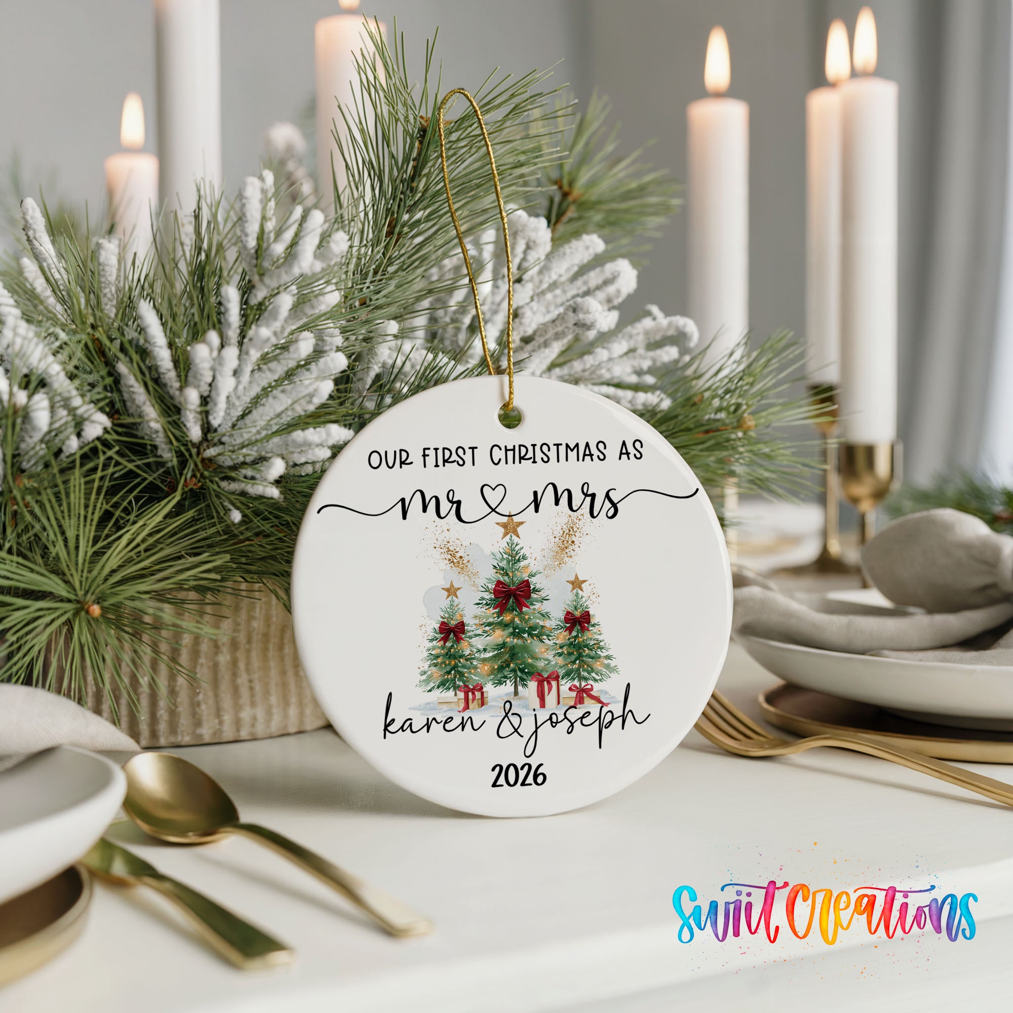 Personalized watercolor tree couple ceramic ornament gift presentation | CO007