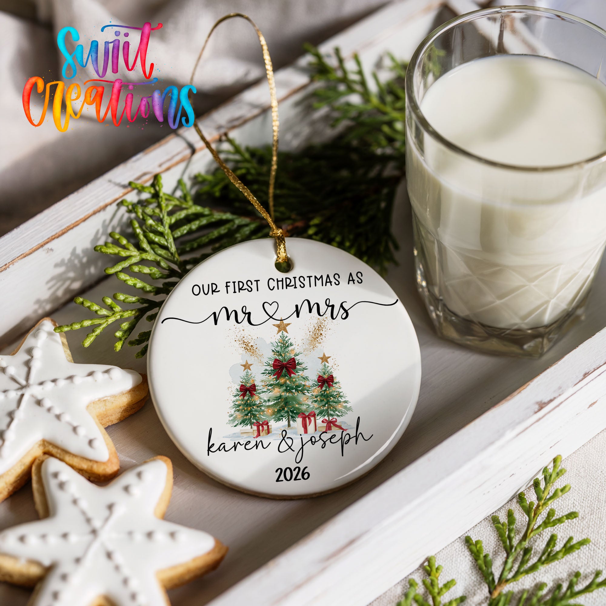 Personalized watercolor tree couple ceramic ornament design detail | CO007