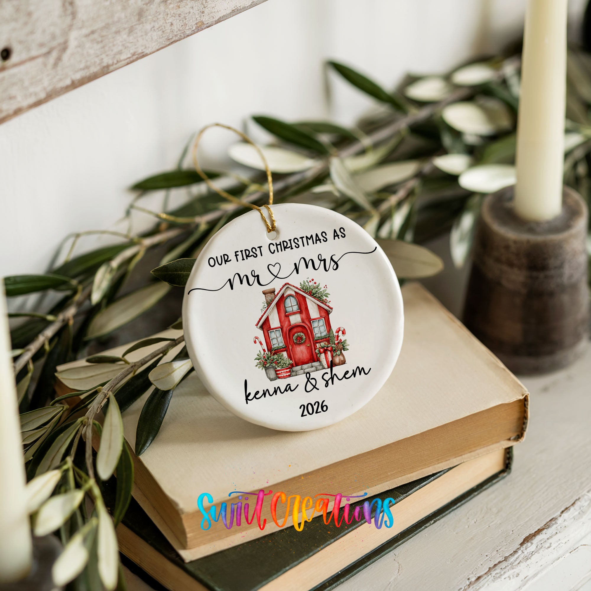 Personalized red holiday house couple ceramic ornament finished ornament detail | CO008