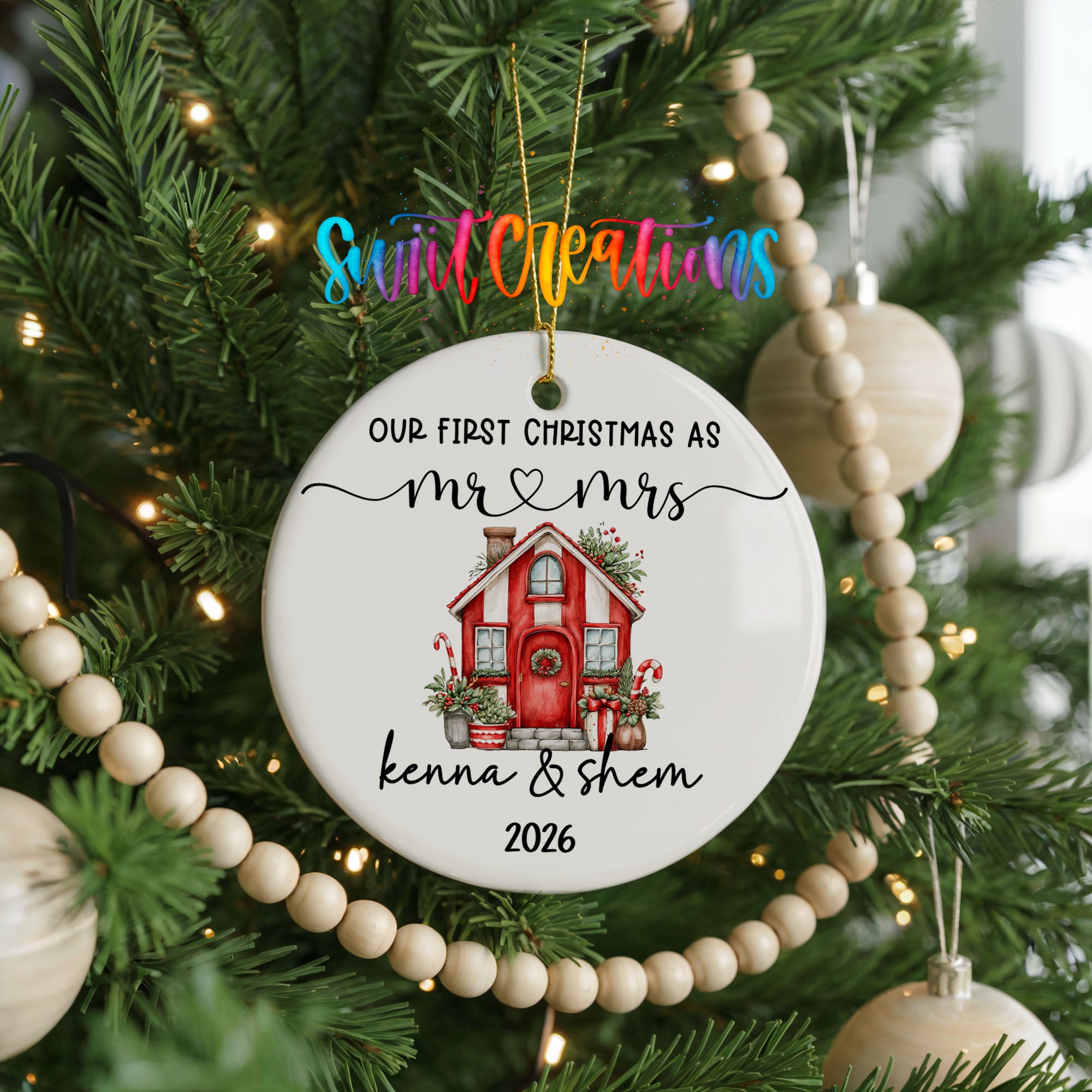 Personalized red holiday house couple ceramic ornament close detail | CO008