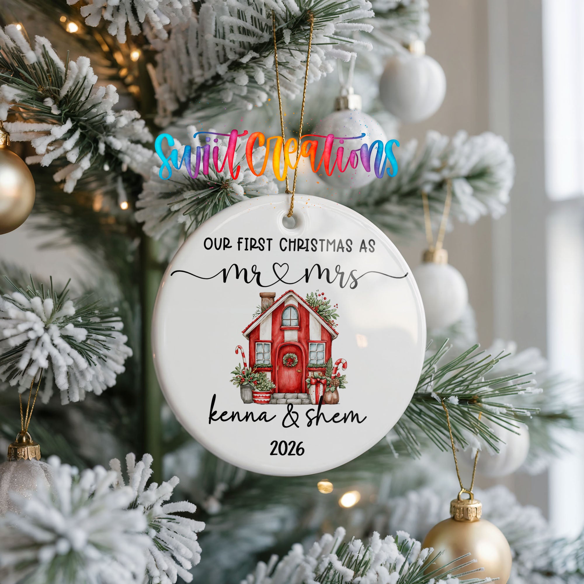 Personalized red holiday house couple ceramic ornament ceramic ornament view | CO008