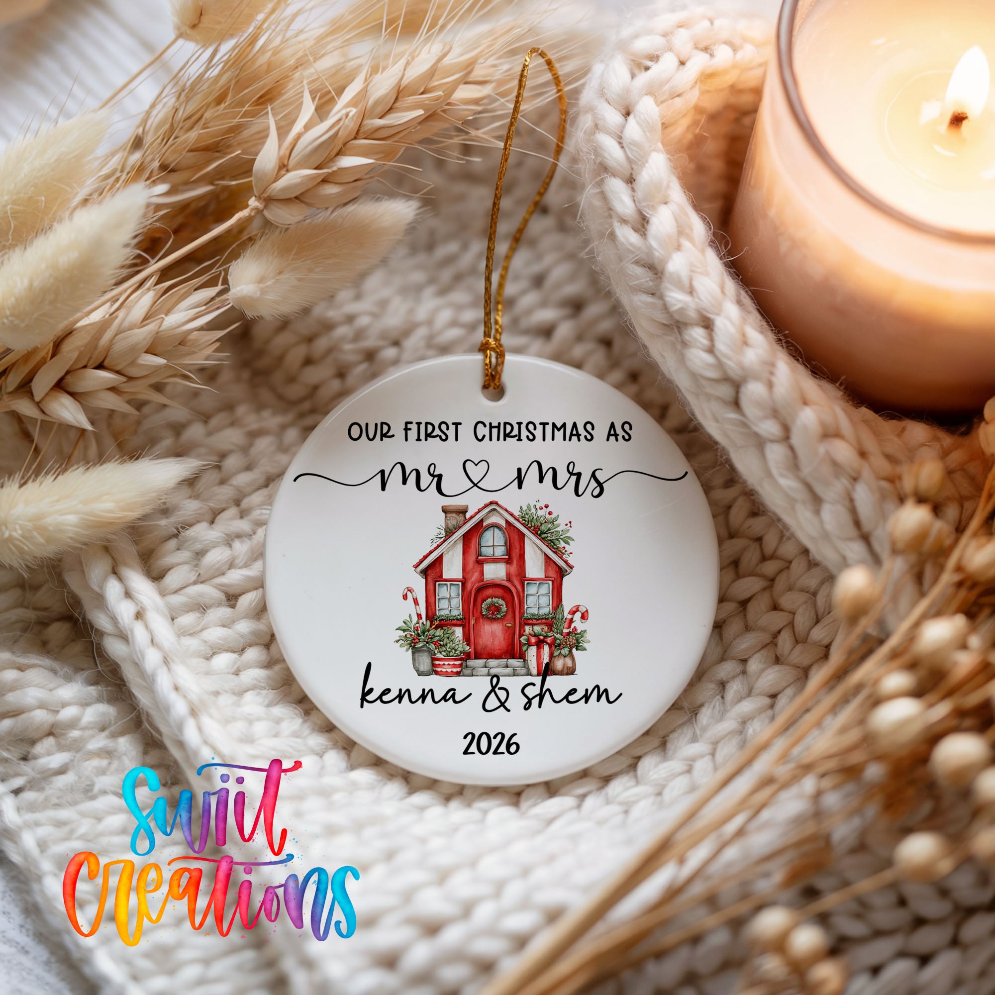 Personalized red holiday house couple ceramic ornament holiday keepsake display | CO008