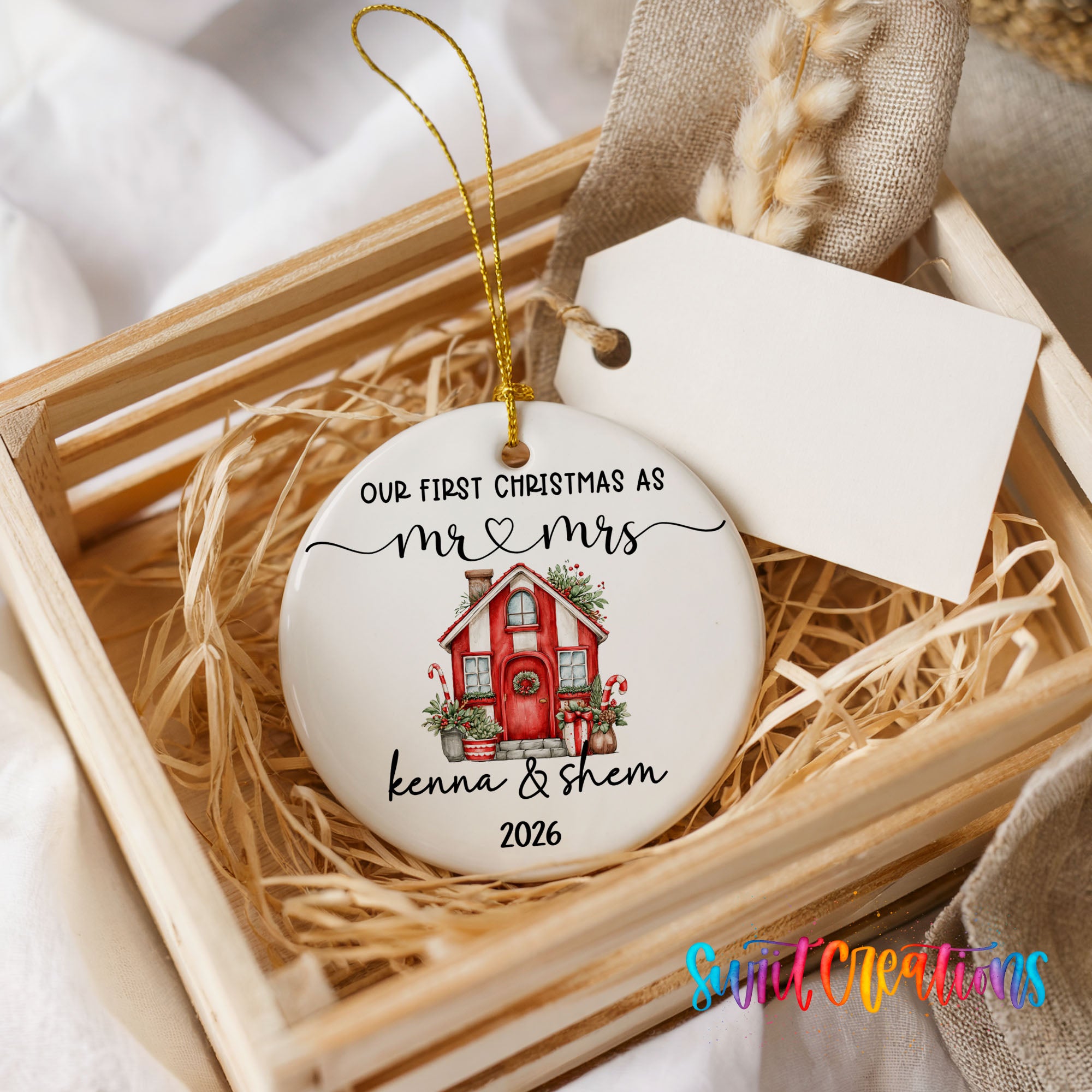 Personalized red holiday house couple ceramic ornament customization example | CO008