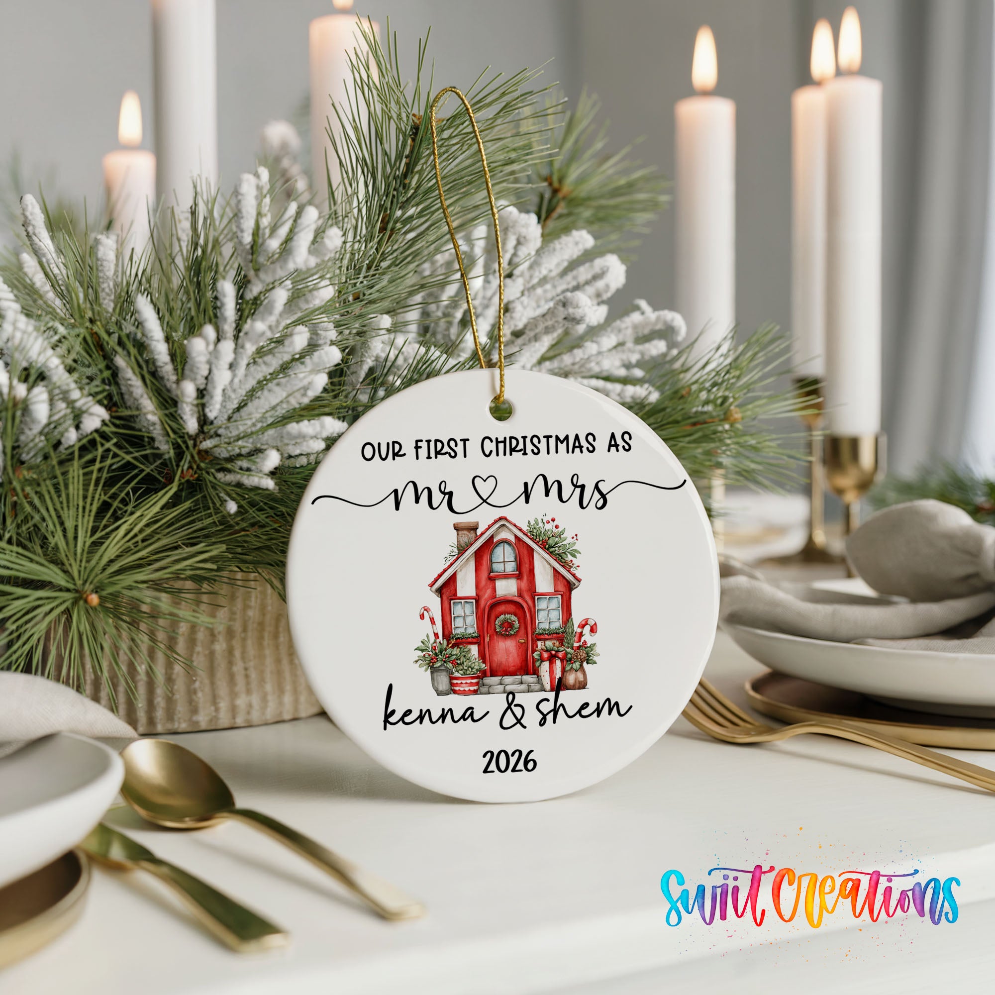 Personalized red holiday house couple ceramic ornament gift presentation | CO008