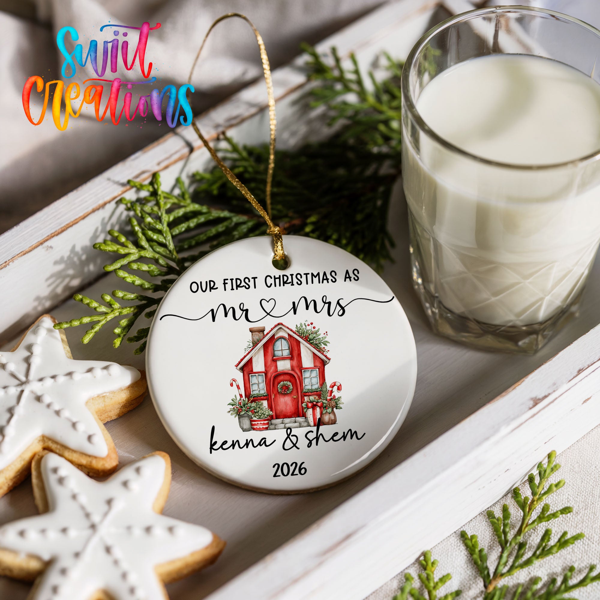 Personalized red holiday house couple ceramic ornament design detail | CO008