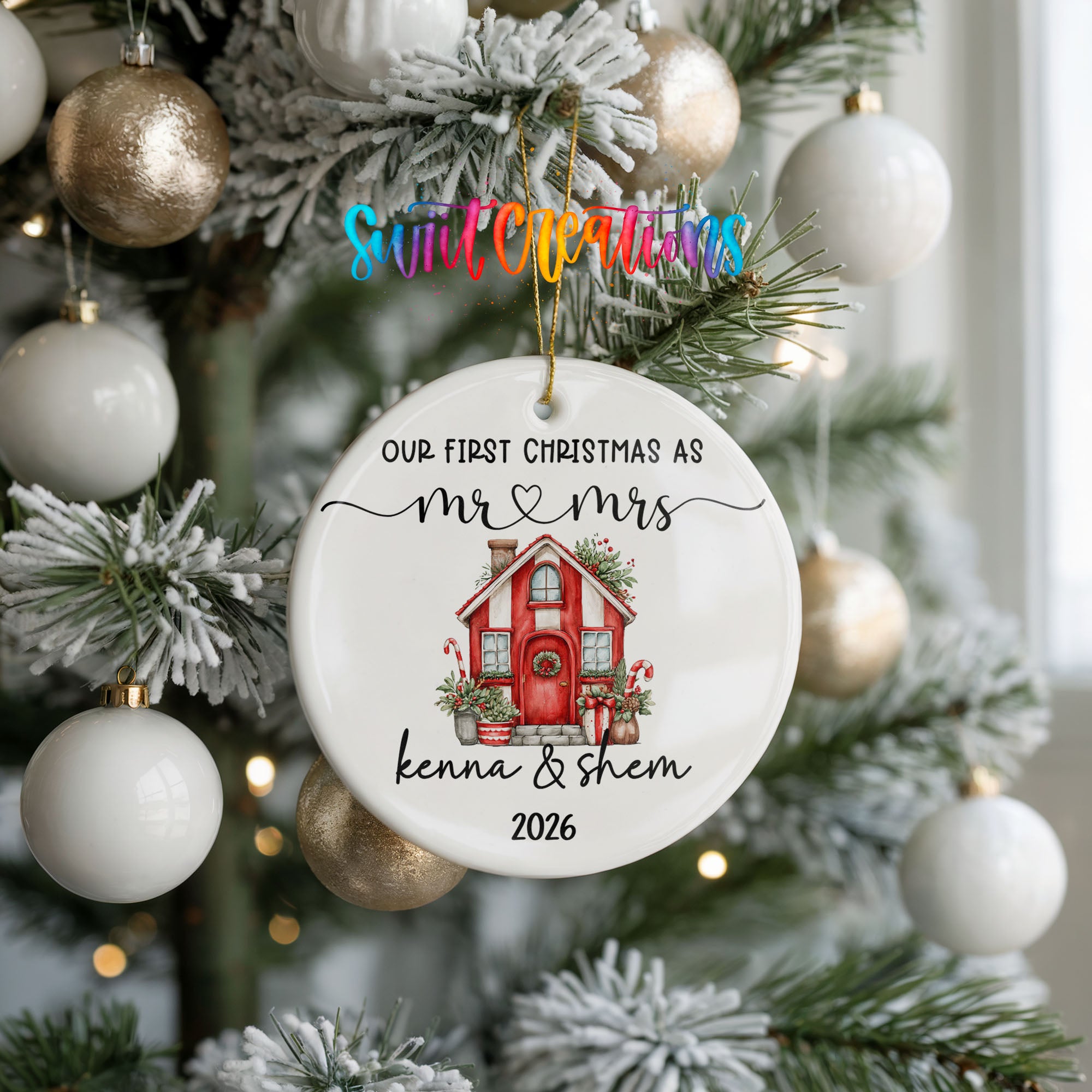 Personalized red holiday house couple ceramic ornament keepsake view | CO008