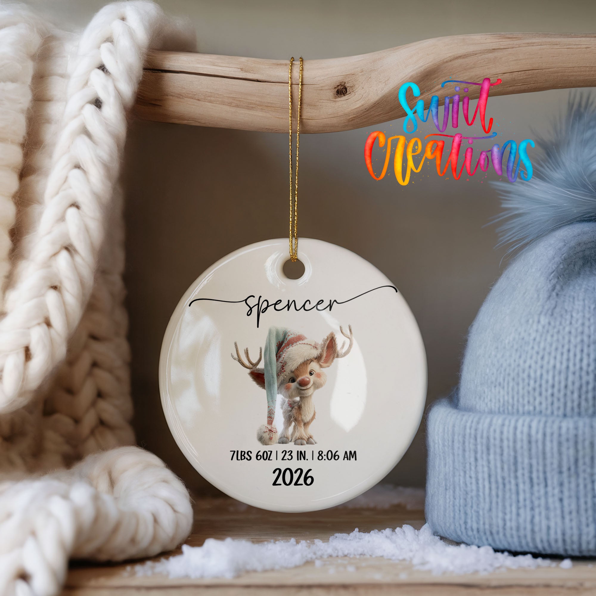 Personalized winter reindeer birth stats ceramic ornament personalized front design | CO009
