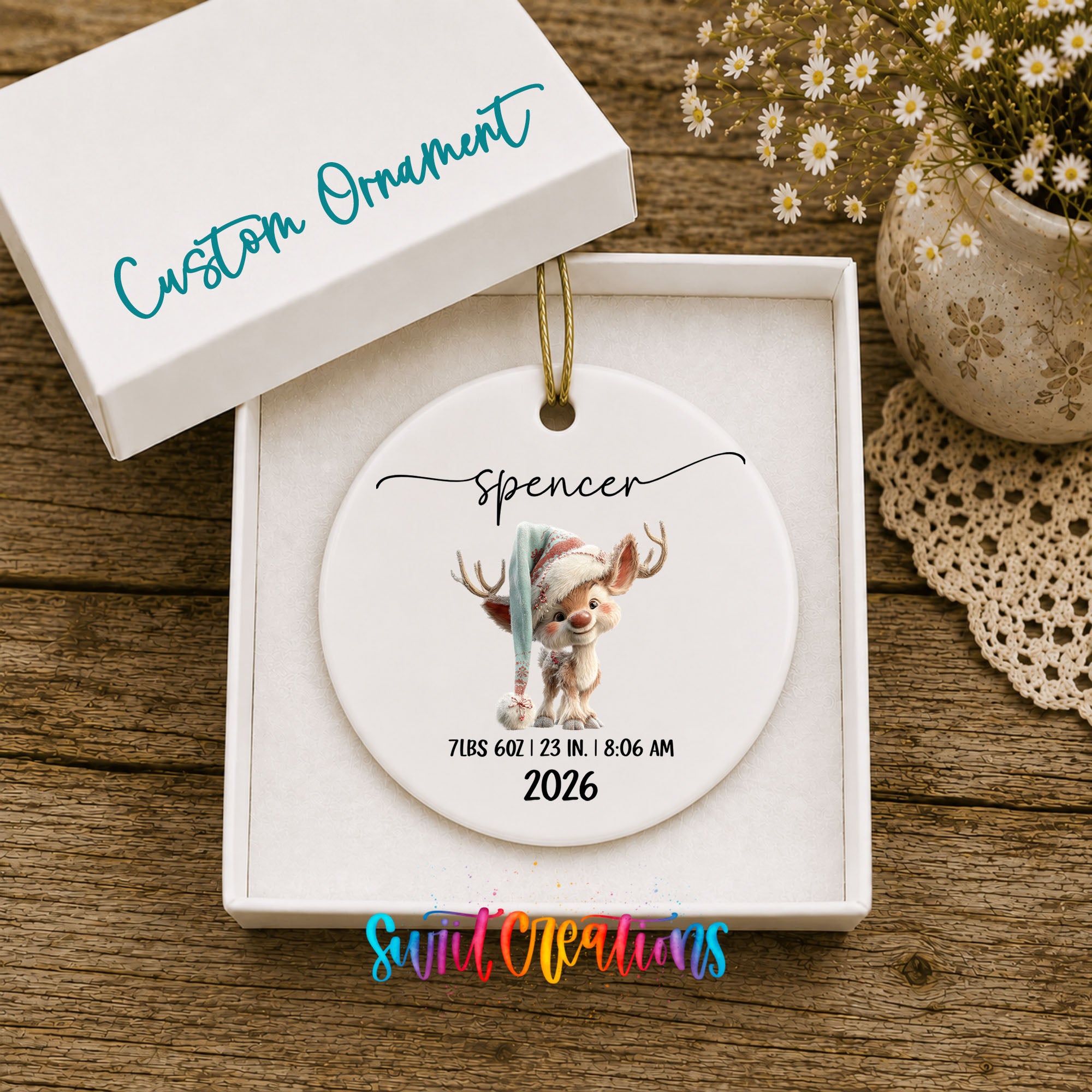Personalized winter reindeer birth stats ceramic ornament gift box presentation | CO009