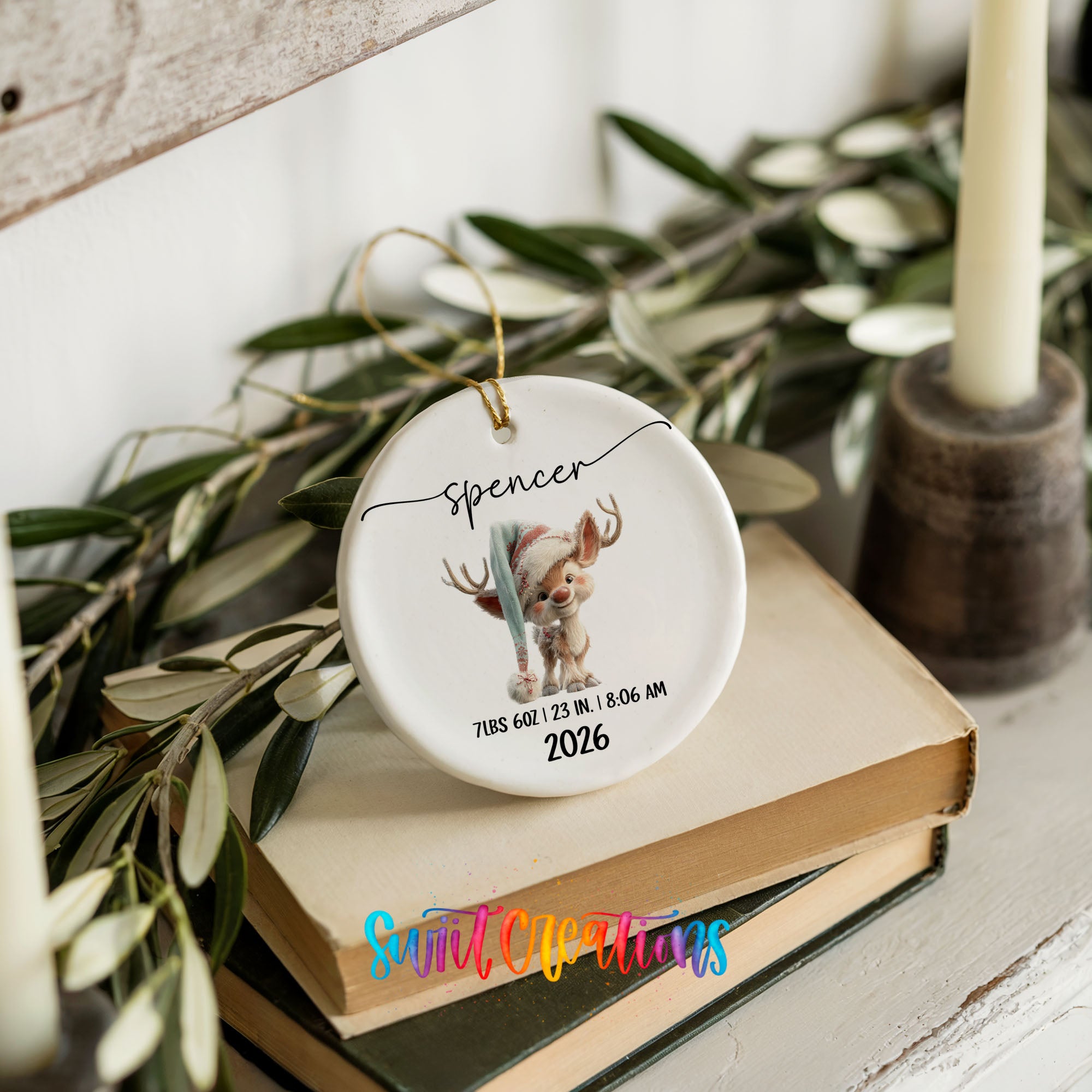 Personalized winter reindeer birth stats ceramic ornament finished ornament detail | CO009