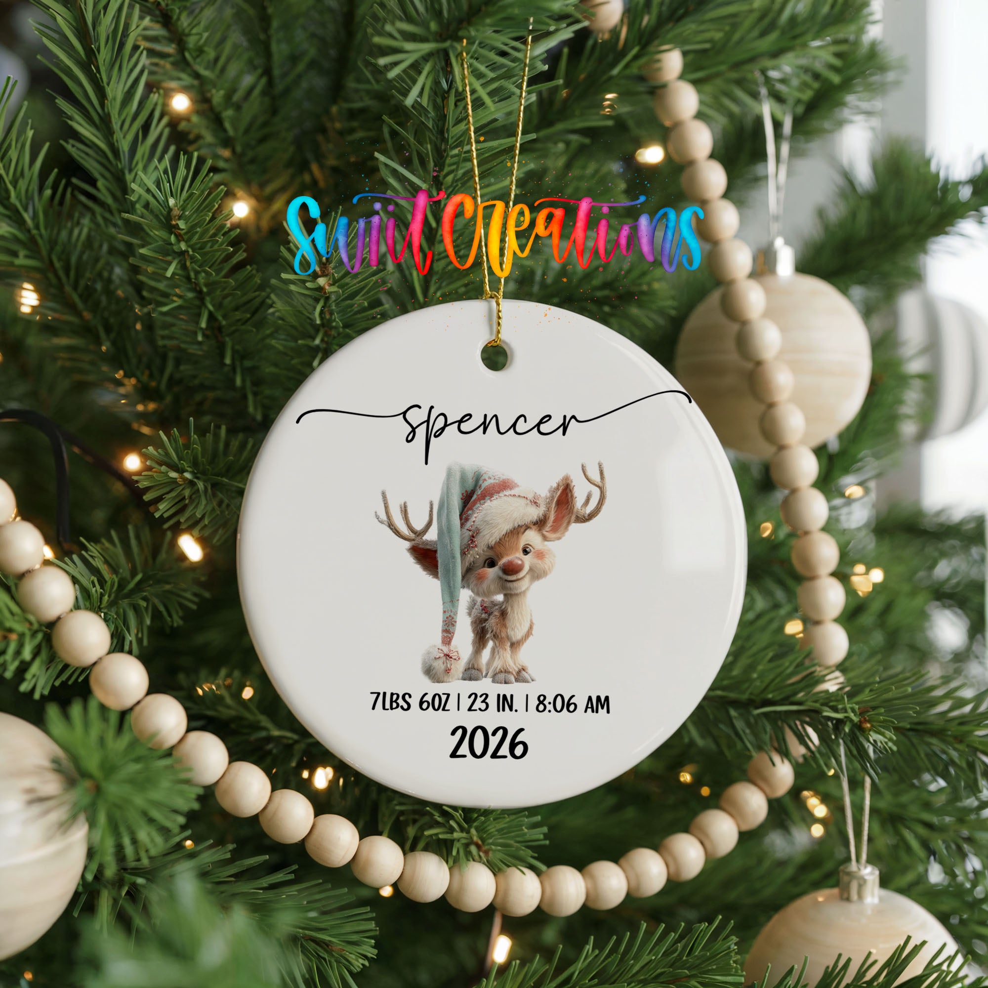 Personalized winter reindeer birth stats ceramic ornament close detail | CO009