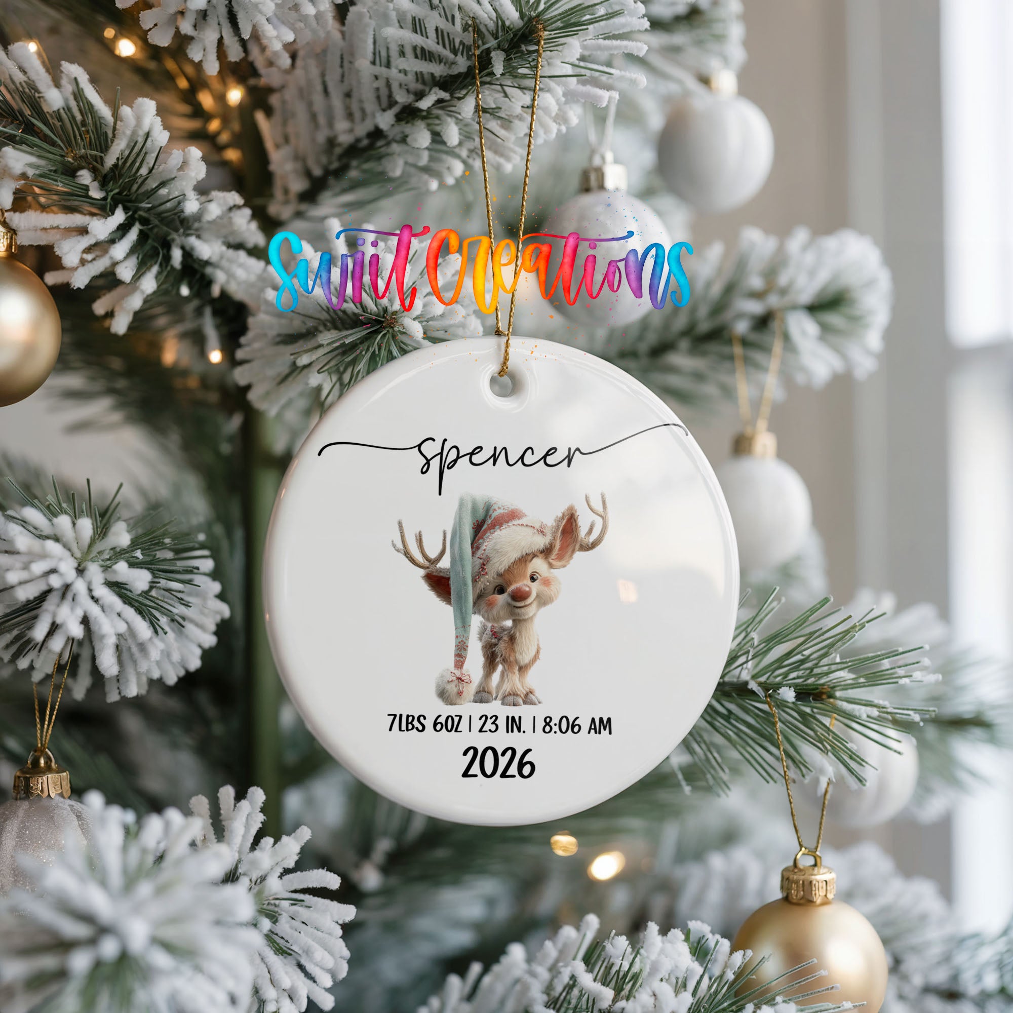 Personalized winter reindeer birth stats ceramic ornament ceramic ornament view | CO009