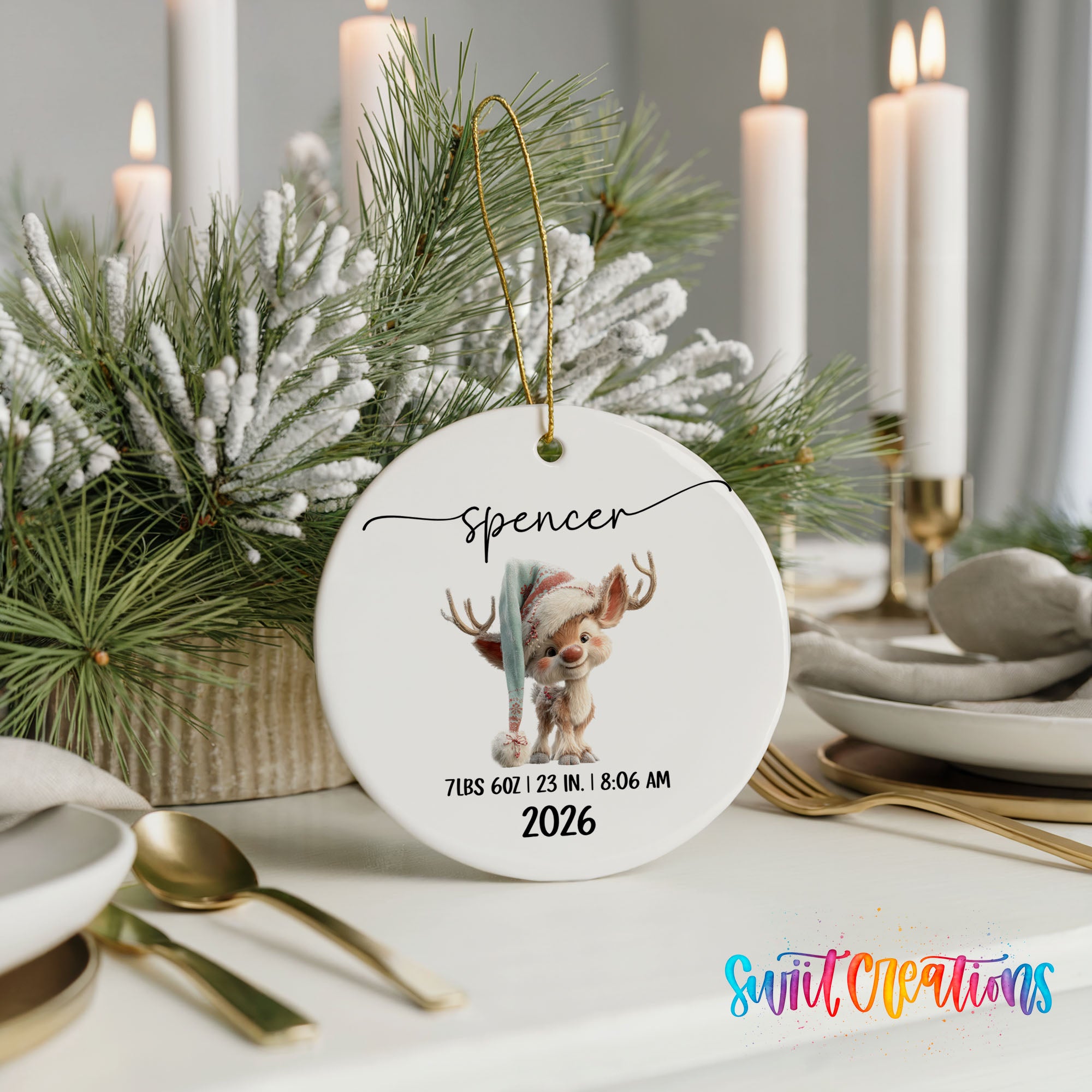 Personalized winter reindeer birth stats ceramic ornament gift presentation | CO009