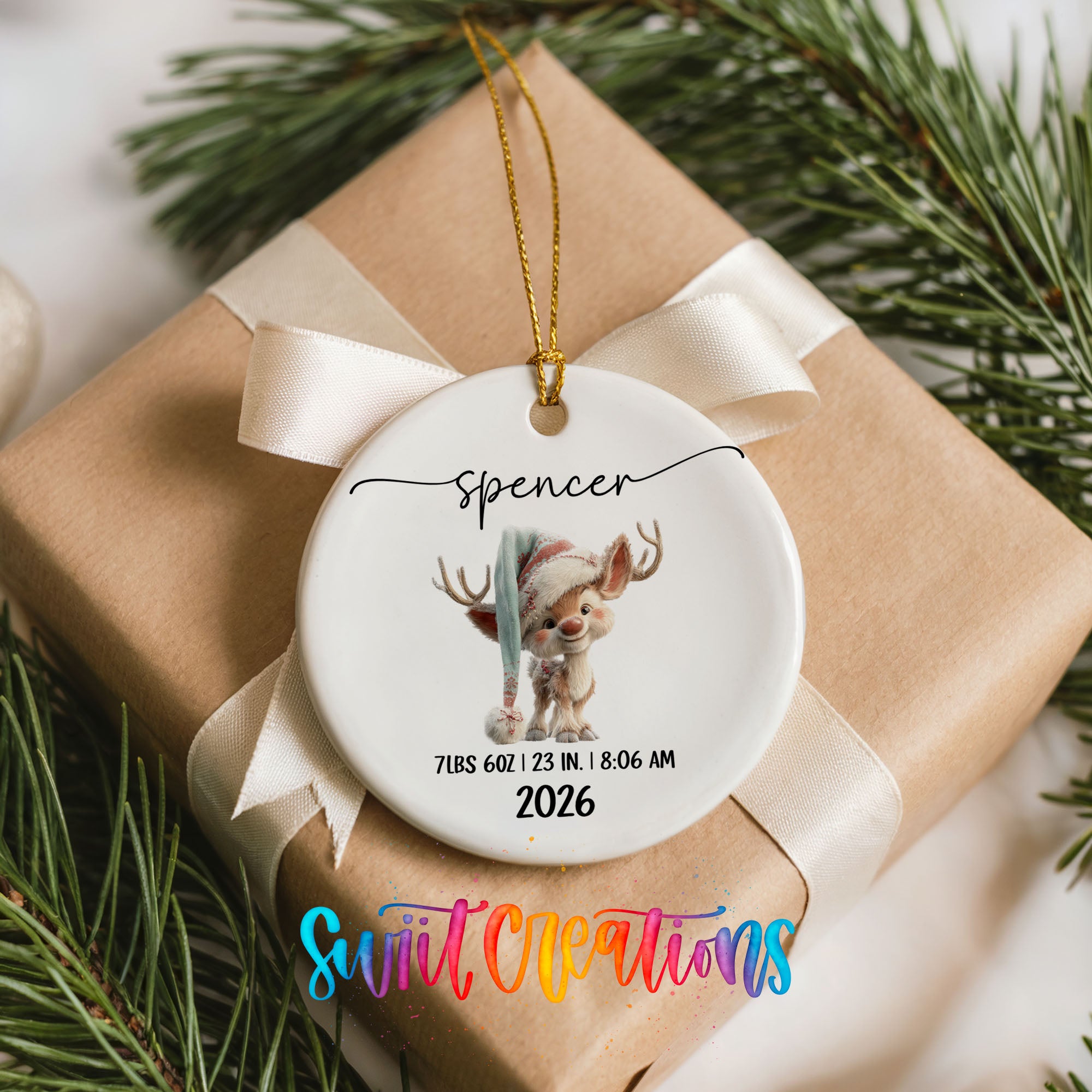 Personalized winter reindeer birth stats ceramic ornament Christmas decor setting | CO009