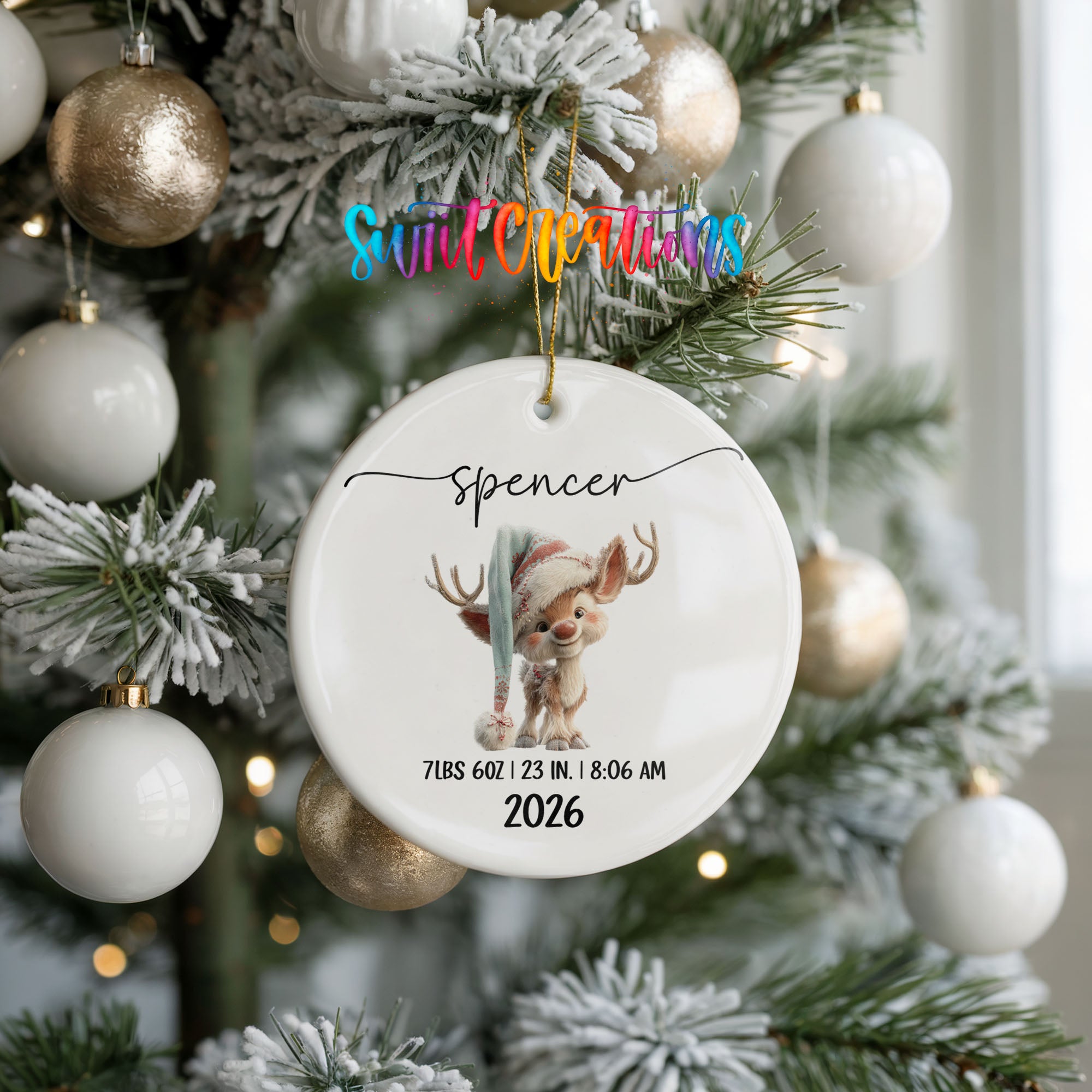Personalized winter reindeer birth stats ceramic ornament keepsake view | CO009